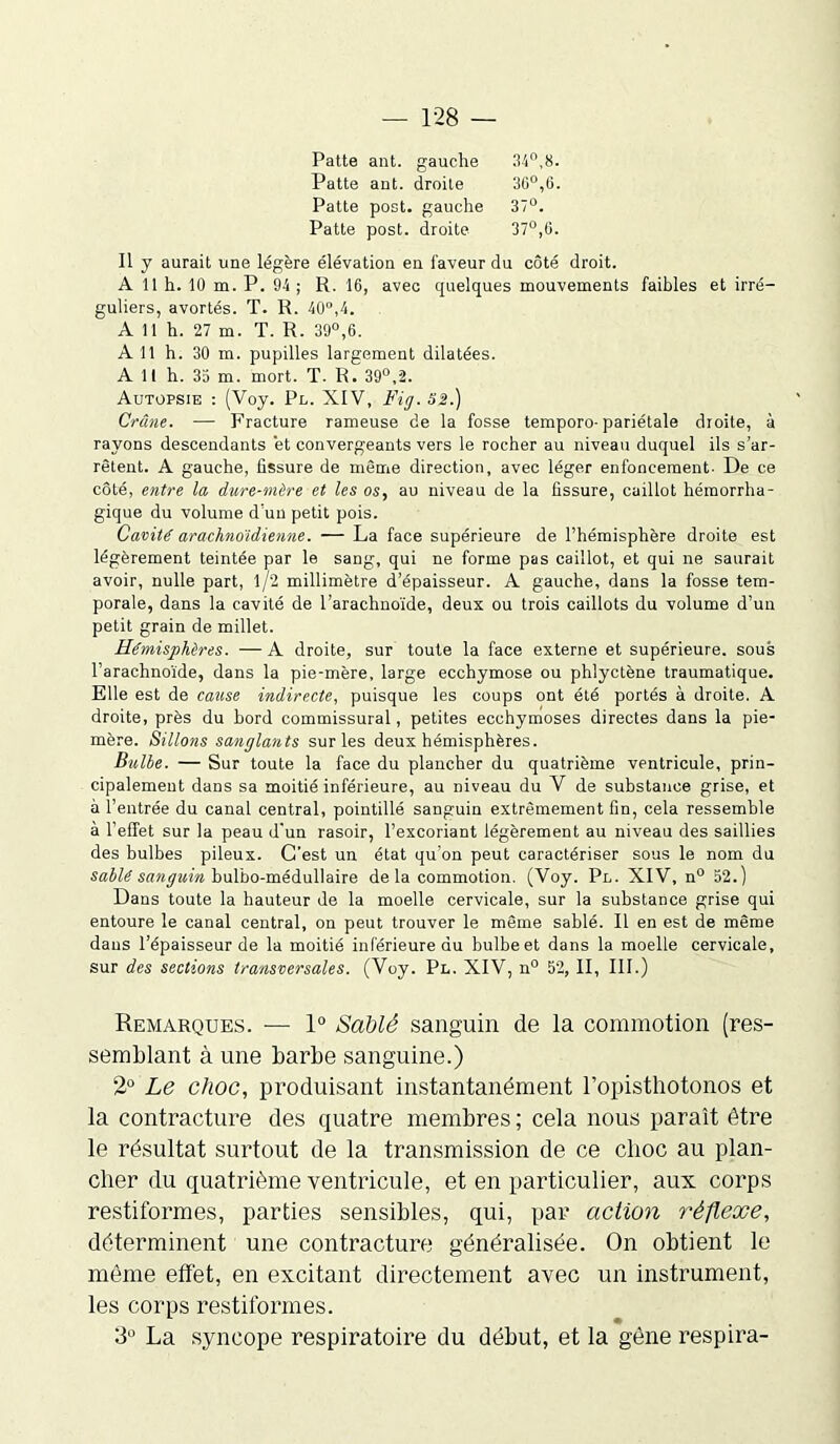 Patte ant. gauche 34°,8. Patte ant. droite 30°,6. Patte post. gauche 37°. Patte post. droite 37°,6. Il y aurait une légère élévation en laveur du côté droit. A 11 h. 10 m. P. 94; R. 16, avec quelques mouvements faibles et irré- guliers, avortés. T. R. 40°,4. A 11 h. 27 m. T. R. 39°,6. A II h. 30 m. pupilles largement dilatées. A 11 h. 35 m. mort. T. R. 39°,2. Autopsie : (Voy. Pu. XIV, Fig. 52.) Crâne. — Fracture rameuse de la fosse temporo- pariétale droite, à rayons descendants et convergeants vers le rocher au niveau duquel ils s’ar- rêtent. A gauche, fissure de même direction, avec léger enfoncement- De ce côté, entre la dure-mire et les os, au niveau de la fissure, caillot hémorrha- gique du volume d’un petit pois. Cavité arachnoïdienne. — La face supérieure de l’hémisphère droite est légèrement teintée par le sang, qui ne forme pas caillot, et qui ne saurait avoir, nulle part, 1/2 millimètre d’épaisseur. A gauche, dans la fosse tem- porale, dans la cavité de l’arachnoïde, deux ou trois caillots du volume d’un petit grain de millet. Hémisphères. — A droite, sur toute la face externe et supérieure, sous l’arachnoïde, dans la pie-mère, large ecchymose ou phlyctène traumatique. Elle est de cause indirecte, puisque les coups ont été portés à droite. A droite, près du bord commissural, petites ecchymoses directes dans la pie- mère. Sillons sanglants sur les deux hémisphères. Bulbe. — Sur toute la face du plancher du quatrième ventricule, prin- cipalement dans sa moitié inférieure, au niveau du V de substance grise, et à l’entrée du canal central, pointillé sanguin extrêmement fin, cela ressemble à l'effet sur la peau d'un rasoir, l’excoriant légèrement au niveau des saillies des bulbes pileux. C’est un état qu'on peut caractériser sous le nom du sablé sanguin bulbo-médullaire de la commotion. (Voy. Pl. XIV, n° 52.) Dans toute la hauteur de la moelle cervicale, sur la substance grise qui entoure le canal central, on peut trouver le même sablé. 11 en est de même dans l’épaisseur de la moitié inférieure du bulbe et dans la moelle cervicale, sur des sections transversales. (Voy. Pu. XIV, n° 52, II, III.) Remarques. — 1° Sablé sanguin de la commotion (res- semblant à une barbe sanguine.) 2° Le choc, produisant instantanément l’opisthotonos et la contracture des quatre membres ; cela nous paraît être le résultat surtout de la transmission de ce clioc au plan- cher du quatrième ventricule, et en particulier, aux corps restiformes, parties sensibles, qui, par action j'èflexe, déterminent une contracture généralisée. On obtient le même effet, en excitant directement avec un instrument, les corps restiformes. 3° La syncope respiratoire du début, et la gêne respira-
