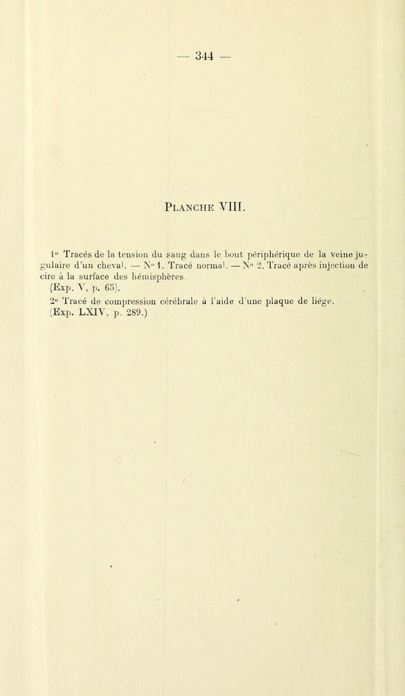 — 344 — Pi •ANCHE VIII. 1° Tracés de la tension du sang dans le bout périphérique de la veine ju- gulaire d’un cheval. — N° 1. Tracé normal. — N» 2. Tracé après injection de cire à la surface des hémisphères. (Exp. V, p. 65). 2° Tracé de compression cérébrale à l'aide d’une plaque de liège. (Exp. LXIY, p. 289.)