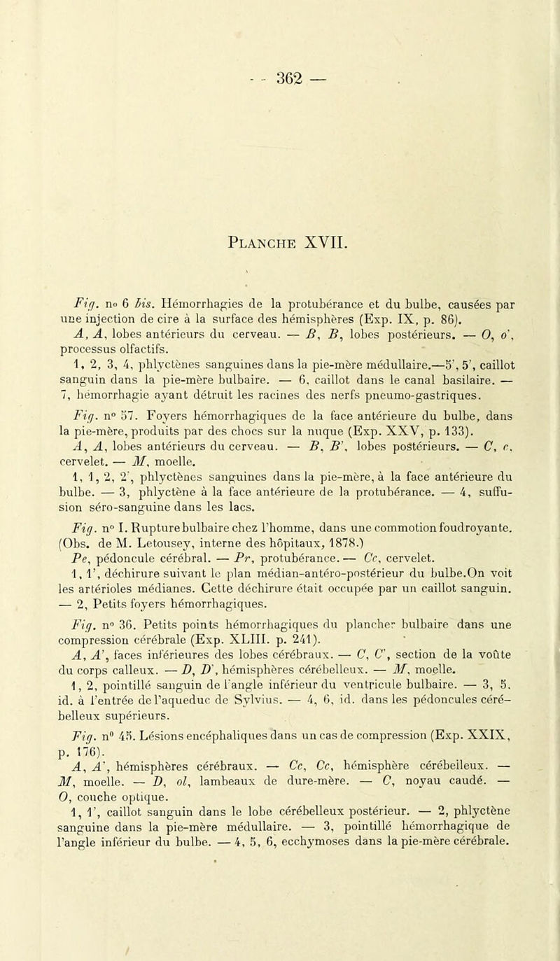 - - 362 Planche XVII. Fig. no 6 Lis. Hémorrhagies de la protubérance et du bulbe, causées par une injection de cire à la surface des hémisphères (Exp. IX, p. 86). A, A, lobes antérieurs du cerveau. — B. B, lobes postérieurs. — O, o . processus olfactifs. 1, 2, 3, 4, phlyctènes sanguines dans la pie-mère médullaire.—5', 5’, caillot sanguin dans la pie-mère bulbaire. — 6. caillot dans le canal basilaire. — 7, hémorrhagie ayant détruit les racines des nerfs pneumo-gastriques. Fig. n° 57. Foyers hémorrhagiques de la face antérieure du bulbe, dans la pie-mère, produits par des chocs sur la nuque (Exp. XXV, p. 133). A, A, lobes antérieurs du cerveau. — B, B’, lobes postérieurs. — C, c. cervelet. — M, moelle. 1, 1,2, 2’, phlyctènes sanguines dans la pie-mère, à la face antérieure du bulbe. — 3, phlyctène à la face antérieure de la protubérance. — 4, suffu- sion séro-sanguine dans les lacs. Fig. n° I. Rupture bulbaire chez l’homme, dans une commotion foudroyante. (Obs. de M. Letousey, interne des hôpitaux, 1878.) Pe, pédoncule cérébral. — Pr, protubérance. — Ce. cervelet. 1, 1’, déchirure suivant le plan médian-antéro-postérieur du bulbe.On voit les artérioles médianes. Cette déchirure était occupée par un caillot sanguin. — 2, Petits foyers hémorrhagiques. Fig. n 36. Petits points hémorrhagiques du plancher bulbaire dans une compression cérébrale (Exp. XLIII. p. 241). A, A', faces inférieures des lobes cérébraux. — C. C', section de la voûte du corps calleux. — D, D , hémisphères cérébelleux. — M, moelle. 1, 2, pointillé sanguin de l'angle inférieur du ventricule bulbaire. — 3, 5. id. à l’entrée de l’aqueduc de Svlvius. — 4, 6, id. dans les pédoncules céré- belleux supérieurs. Fig. nn 45. Lésions encéphaliques dans un cas de compression (Exp. XXIX, p. 176). A, A', hémisphères cérébraux. — Ce, Ce, hémisphère cérébelleux. — M, moelle. — D, ni, lambeaux de dure-mère. — C, noyau caudé. — O, couche optique. 1, F, caillot sanguin dans le lobe cérébelleux postérieur. — 2, phlyctène sanguine dans la pie-mère médullaire. — 3, pointillé hémorrhagique de