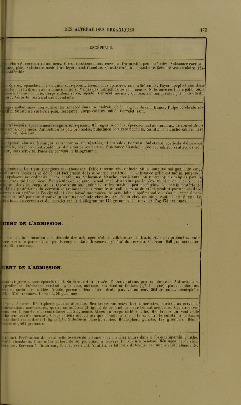 ENCÉPHALE. ; éburné, cerveau volumineux. Circonvolutions nombreuses, anfractuosités peu profondes. Substance corticale ace, pâle. Substance médullaire légèrement ramollie. Sérosité cérébrale abondante. Sérosité ventriculaire très-| h isidérable. épaissi, épanchement sanguin sous-jacent. Membranes épaissies, non adhérentes. Foyer apoplectique dans] obe moyen droit gros comme une noix. Veines des anfractuosités variqueuses. Substance coiticale pâle. Sub- i ne blanche normale. Corps calleux sablé, injecté. Cervelet normal. Cerveau ne remplissant pas la cavité du] fi ne. Sérosité ventriculaire abondante. t.iges enflammées, non adhérentes, excepté dans un endroit, de la largeur de ci > llic. Substance corticale pâle, décolorée. Corps calleux sablé. Cervelet sain. cinq francs. Pulpe cérébrale ra-J très-épais, épanchement sanguin sous-jacent. Méninges injectées, épanchement albumineux. Circonvolutions] ncies, déprimées. Anfractuosités peu profondes. Substance corticale normale. Substance blanche sablée. Ccr-j |uu dur, résistant. épaissi, churné. Méninges transparentes, ni injectées, ni épaissies. Cerveau. Substance corticale d’épaisseur ■ male, scs plans sont confondu' dans toutes ses parties. Substance blanche piquetée, sablée. Ventricules nor- i.jx, sans sérosité. Poids du cerveau, 1 kilogramme. aminci. Le tissu spongieux est abondant Table interne très-amincic. Sinus longitudinal gonllé de sang K ibranos épaissies se détachant facilement delà substance corticale. La substance grise est molle, pulpeuse, épaisseur est ordinaire. Plans confondus. Substance blanche consistante; on y remarque quelques perluisj maires qui la criblent. Ventricules de volume normal, mais distendus par la sérosité. Rien dans les couches] tiques, dans les corps striés. Circonvolutions amincies, anfractuosités peu profondes. La partie postérieure] Il lobes postérieurs du cerveau se prolonse pour remplir un enfoncement du crâne produit par une soudure] pma c en arrière de l’occipital; il s’est forme une espèce de petit lobe supplémentaire qu’on a constaté par-] •ment isolé par une circonvolution plus profonde chez le. Azteeks et chez cci laines espèces de singes. Le] Is total du cerveau et du cervelet est de 1 kilogramme 175 grammes. Le cervelet pèse 178 grammes. KENT DE L'ADMISSION. normal. Inflammation considérable des méninges sèches, adhérentes. .’ nfractuosités peu profondes. Sub- ce corticale parsemée de points rouges. Ramollissement général du cerveau, tlerveau, 940 grammes. Lcr- t, loi grammes. îENT DE L ADMISSION. •ânes injecté, s, sans épanchement. Surface corticale rosée. Circonvolutions peu nombreuses. Anfraclposités profondes. Substance corticale gris rose, amincie, un demi-millimètre (l/ô de ligne), plans confondus, 'lance médullaire sablée, friable, poreuse. Hémisphère droit plus volumineux, 5G2 grammes. Hémisphère] hc, 572 grammes. Cervelet, 80 grammes. épais, éburné. Hémisphère gauche atrophié. Membranes amincies, fort adhérentes, surtout au cervelet, onvolulions nombreu es, quatre millimètres (2 lignes) de profondeur pour les anfractuosités. Ces circonvo-] ins ont à gauche une consistance cartilagineuse. Abcès du corps strié gauche. Membranes du ventricule] lie Mini-c<nlilagineuses. Corps calleux mou, ainsi (tue la voûte ù trois piliers. A droite, substance corticale] » millimètres et demi (1 ligne 1/4). Substance blanc lie sablée. Hémisphère gauche, 128 grammes, llémi-] ire droit, 402 grammes. aminci. Perforation de celte boîte osseuse de la dimension de cinq francs dans la fosse temporale gauche, isité abondante. Dure-mère adhérente au péricrûnc à travers l’ouverture osseuse. Méninges arborisées, rentes. Cerveau à l’intérieur, ferme, résistant. Ventricules latéraux distendus par une sérosité abondante.