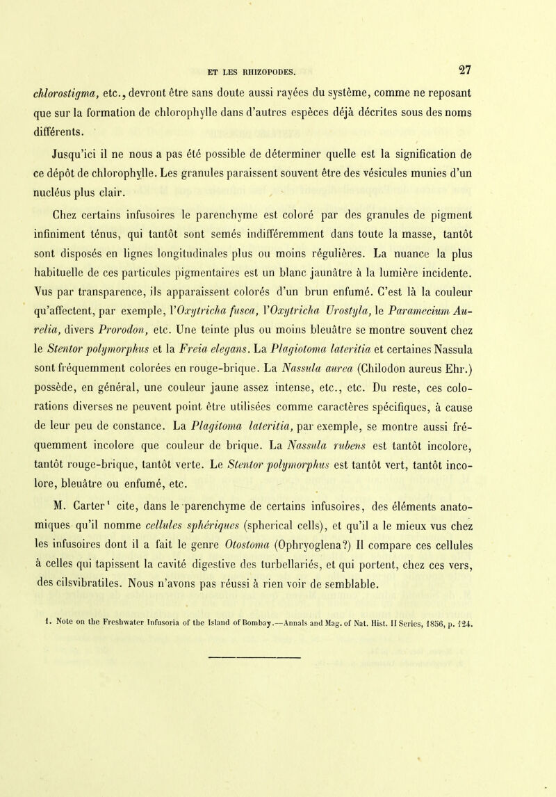 chlorostigma, etc., devront être sans doute aussi rayées du système, comme ne reposant que sur la formation de chlorophylle dans d’autres espèces déjà décrites sous des noms différents. Jusqu’ici il ne nous a pas été possible de déterminer quelle est la signification de ce dépôt de chlorophylle. Les granules paraissent souvent être des vésicules munies d’un nucléus plus clair. Chez certains infusoires le parenchyme est coloré par des granules de pigment infiniment ténus, qui tantôt sont semés indifféremment dans toute la masse, tantôt sont disposés en lignes longitudinales plus ou moins régulières. La nuance la plus habituelle de ces particules pigmentaires est un blanc jaunâtre à la lumière incidente. Vus par transparence, ils apparaissent colorés d’un brun enfumé. C’est là la couleur qu’affectent, par exemple, YOxytricha fusca, YOxytricha Urostyla, le Paramecium Au- rélia, divers Prorodon, etc. Une teinte plus ou moins bleuâtre se montre souvent chez le Stentor polymorphus et la Freia elegans. La Plagiotoma lateritia et certaines Nassula sont fréquemment colorées en rouge-brique. La Nassula aurea (Chilodon aureus Ehr.) possède, en général, une couleur jaune assez intense, etc., etc. Du reste, ces colo- rations diverses ne peuvent point être utilisées comme caractères spécifiques, à cause de leur peu de constance. La Plagitoma lateritia, par exemple, se montre aussi fré- quemment incolore que couleur de brique. La Nassula rubens est tantôt incolore, tantôt rouge-brique, tantôt verte. Le Stentor polymorphus est tantôt vert, tantôt inco- lore, bleuâtre ou enfumé, etc. M. Carter* cite, dans le parenchyme de certains infusoires, des éléments anato- miques qu’il nomme cellules sphériques (spherical cells), et qu’il a le mieux vus chez les infusoires dont il a fait le genre Otostoma (Ophryoglena?) Il compare ces cellules à celles qui tapissent la cavité digestive des turbellariés, et qui portent, chez ces vers, des cilsvibratiles. Nous n’avons pas réussi à rien voir de semblable. 1. Note on the Freslrwater Infusoria of tbe Island of Bombay.—Annals and Mag. of Nat. Hist. II Sériés, 1856, p. 124.