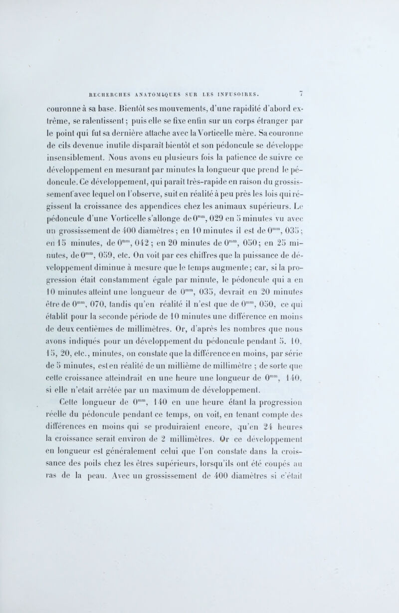 couronne à sa base. Bientôt ses mouvements, d’une rapidité d’abord ex- trême, se ralentissent ; puis elle se fixe enfin sur un corps étranger par le point qui fut sa dernière attache avec laVorticelle mère. Sa couronne de cils devenue inutile disparaît bientôt et son pédoncule se développe insensiblement. Nous avons eu plusieurs fois la patience de suivre ce développement en mesurant par minutes la longueur que prend le pé- doncule. Ce développement, qui paraît très-rapide en raison du grossis- sement'avec lequel on l’observe, suit en réalité à peu près les lois qui ré- gissent la croissance des appendices chez les animaux supérieurs. Le pédoncule d’une Vorticelle s’allonge deOmm, 029 en 5 minutes vu avec un grossissement de 400 diamètres ; en 10 minutes il est de 0mra, 035 ; en 15 minutes, de 0mm, 042 ; en 20 minutes de 0rara, 050; en 25 mi- nutes, de0mm, 059, etc. On voit par ces chiffres que la puissance de dé- veloppement diminue à mesure que le temps augmente; car, si la pro- gression était constamment égale par minute, le pédoncule qui a en 10 minutes atteint une longueur de 0mm, 035, devrait en 20 minutes être de 0mm, 070, tandis qu’en réalité il n’est que de 0mm, 050, ce qui établit pour la seconde période de 10 minutes une différence en moins de deux centièmes de millimètres. Or, d’après les nombres que nous avons indiqués pour un développement du pédoncule pendant 5. 10. 15, 20, etc., minutes, on constate que la différence en moins, par série de 5 minutes, est en réalité de un millième de millimètre ; de sorte que cette croissance atteindrait en une heure une longueur de 0ram, 140, si elle n’etait arrêtée par un maximum de développement. Celte longueur de 0mm, 140 en une heure étant la progression réelle du pédoncule pendant ce temps, on voit, en tenant compte des différences en moins qui se produiraient encore, qu’en 24 heures la croissance serait environ de 2 millimètres. Or ce développement en longueur est généralement celui que l’on constate dans la crois- sance des poils chez les êtres supérieurs, lorsqu’ils ont été coupés au ras de la peau. Avec un grossissement de 400 diamètres si c’était