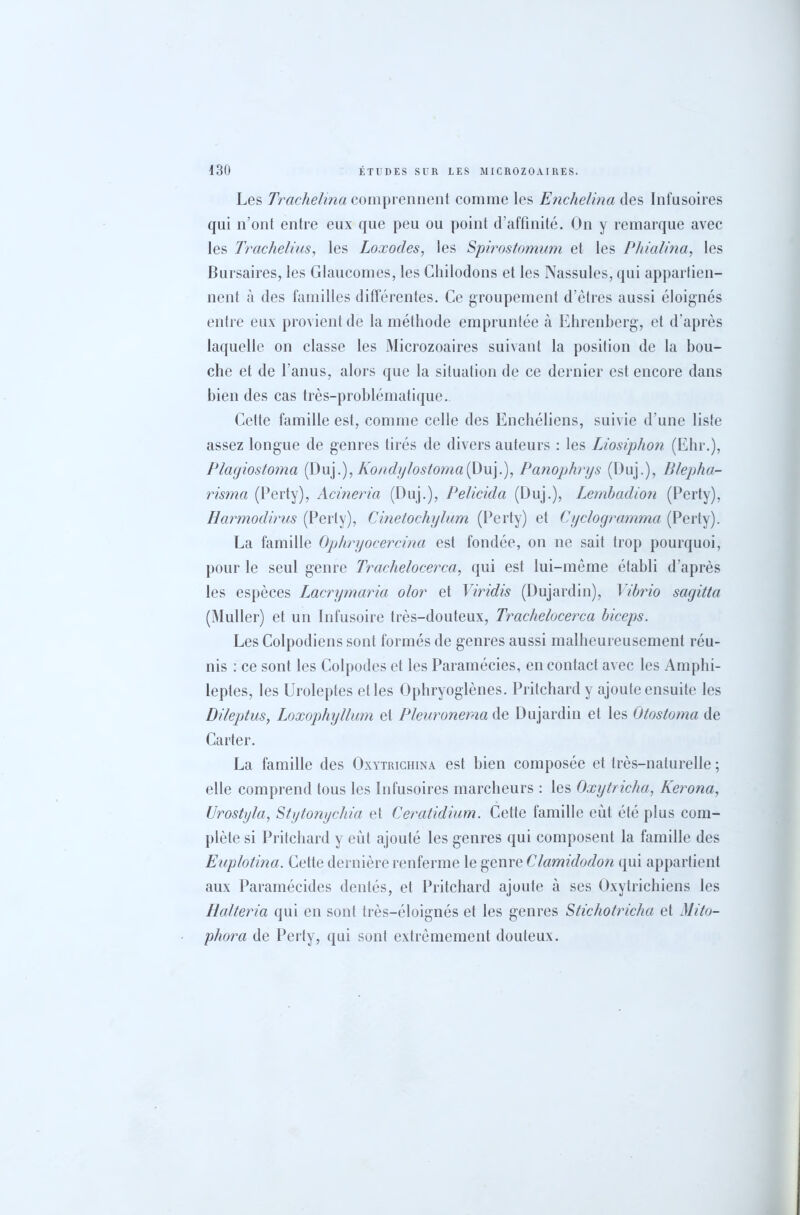 Les Trachelina comprennent comme les Enchelina des Infusoires qui n’ont entre eux que peu ou point d’affinité. On y remarque avec les Trachelius, les Loxodes, les Spirostomum et les Phialina, les Bursaires, les Glaucomes, les Chilodons et les Nassules, qui appartien- nent à des familles différentes. Ce groupement d’êtres aussi éloignés entre eux provient de la méthode empruntée à Ehrenberg, et d’après laquelle on classe les Microzoaires suivant la position de la bou- che et de l’anus, alors que la situation de ce dernier est encore dans bien des cas très-problématique. Celte famille est, comme celle des Enchéliens, suivie d’une liste assez longue de genres tirés de divers auteurs : les Liosiphon (Ehr.), Plagiostoma (Duj.), Kondylostorna ( D u j. ), Panophrys (Duj.), lilepha- risma (Perty), Acineria (Duj.), Pelicidci (Duj.), Lembadion (Perty), Harmodirus (Perty), Cinetochylum (Perty) et Cyclogramma (Perty). La famille Ophryocercina est fondée, on ne sait trop pourquoi, pour le seul genre Trachelocerca, qui est lui-même établi d’après les espèces Lacrymaria olor et Viridis (Dujardin), Vibrio sagitta (Muller) et un Infusoire très-douteux, Trachelocerca biceps. Les Colpodiens sont formés de genres aussi malheureusement réu- nis : ce sont les Colpodes et les Paramécies, en contact avec les Amphi- leptes, les Uroleptes et les Ophryoglènes. Pritchard y ajoute ensuite les Dileptus, Loxophyllum et Pleuroneraa de Dujardin et les Otostoma de Carter. La famille des Oxytrichina est bien composée et très-naturelle ; elle comprend tous les Infusoires marcheurs : les Oxytricha, Kerona, Urostyla, Stytonychia et Ceratidium. Cette famille eut été plus com- plète si Pritchard y eût ajouté les genres qui composent la famille des Euplotina. Cette dernière renferme le genre Clamidodon qui appartient aux Paramécides dentés, et Pritchard ajoute à ses Oxytrichiens les Halteria qui en sont très-éloignés et les genres Stichotricha et Mito- pliora de Perty, qui sont extrêmement douteux.