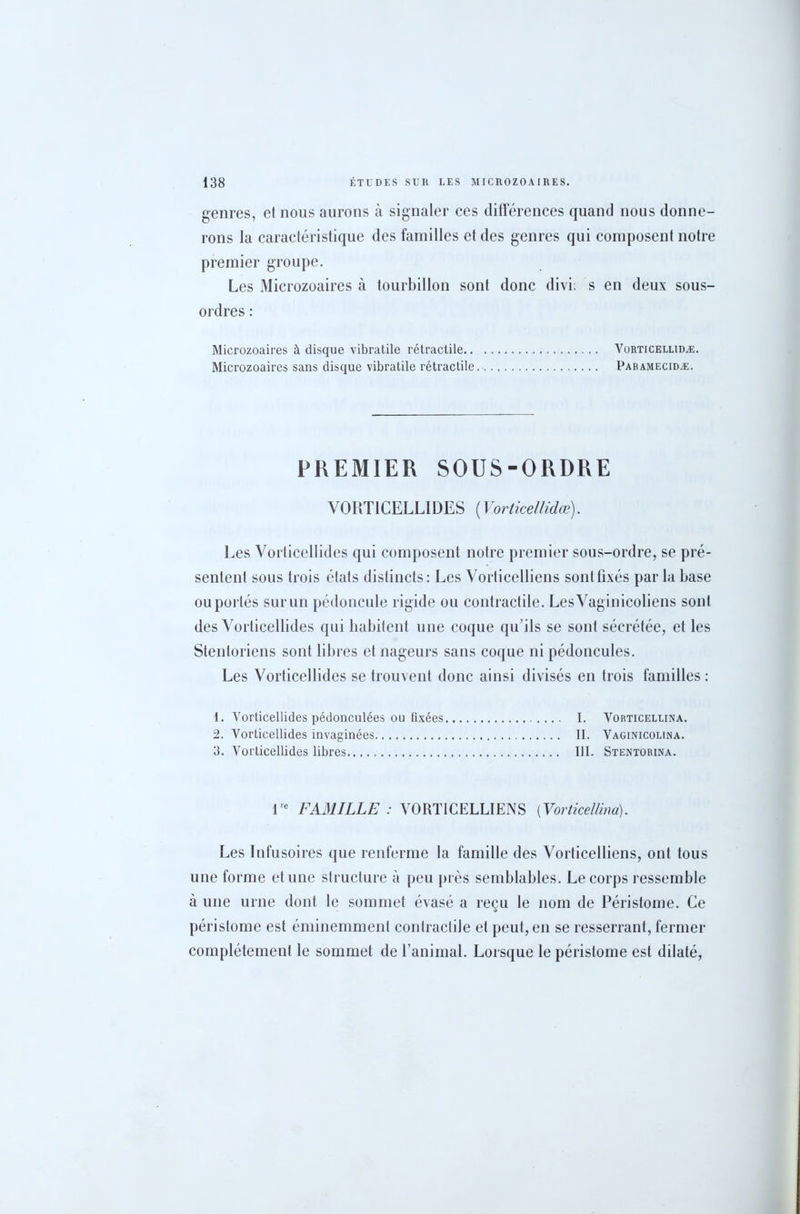 genres, et nous aurons à signaler ces différences quand nous donne- rons la caractéristique des familles et des genres qui composent notre premier groupe. Les Microzoaires à tourbillon sont donc divi: s en deux sous- ordres : Microzoaires à disque vibratile rétractile Vorticellidæ. Microzoaires sans disque vibratile rétractile. Paramecidæ. PREMIER SOUS-ORDRE VORTICELLIDES (Vorticellidæ). Les Vorticellides qui composent notre premier sous-ordre, se pré- sentent sous trois états distincts: Les Vorticelliens sont fixés par la base ou portés sur un pédoncule rigide ou contractile. LesVaginieoliens sont des Vorticellides qui habitent une coque qu’ils se sont sécrétée, et les Stentoriens sont libres et nageurs sans coque ni pédoncules. Les Vorticellides se trouvent donc ainsi divisés en trois familles: 1. Vorticellides pédonculées ou fixées I. Vorticellina. 2. Vorticellides invaginées II. Vaginicolina. 3. Vorticellides libres III. Stentorina. lre FAMILLE : VORTICELLIENS (Vorticellina). Les Infusoires que renferme la famille des Vorticelliens, ont tous une forme et une structure à peu près semblables. Le corps ressemble à une urne dont le sommet évasé a reçu le nom de Péristome. Ce péristome est éminemment contractile et peut, en se resserrant, fermer complètement le sommet de l’animal. Lorsque le péristome est dilaté,