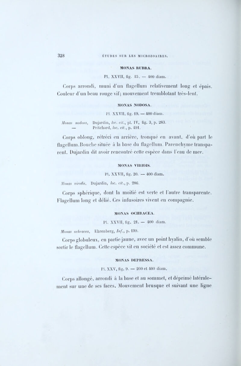 MONAS RUBRA. PI. XXVII, fig. 15. — 400 diam. Corps arrondi, muni d’un flagellum relativement long et épais. Couleur d’un beau rouge vif; mouvement tremblotant très-lent. MON AS NODOSA. PI. XXVII, fig. 19. — 400 diam. d/onas nodosa, Dujardin, loc. cil., pl. IV, fig. 3, p. 283. — Pritchard, loc. cit., p. 491. Corps oblong, rétréci en arrière, tronqué en avant, d’où part le flagellum.Bouche située à la base du flagellum. Parenchyme transpa- rent. Dujardin dit avoir rencontré cette espèce dans l’eau de mer. MONAS VIR1DIS. P). XXVII, fig. 20. — 400 diam. Menas viridis, Dujardin, loc. cit., p. 286. Corps sphérique, dont la moitié est verte et l'autre transparente. Flagellum long et délié. Ces infusoires vivent en compagnie. MON AS OCHRACEA. Pl. XXVII, fig. 21. — 400 diam. Monas ochracea, Ehrenberg, /»/., p. 199. Corps globuleux, en partie jaune, avec un point hyalin, d’où semble sortir le flagellum. Cette espèce vit en société et est assez commune. MONAS DEPRESSA. Pl. XXV, fig. 9. — 200 et 400 diam. Corps allongé, arrondi à la base et au sommet, et déprimé latérale- ment sur une de ses faces. Mouvement brusque et suivant une ligne