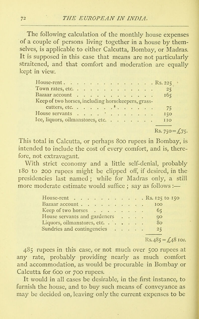 The following calculation of the monthly house expenses of a couple of persons living together in a house by them- selves, is applicable to either Calcutta, Bombay, or Madras. It is supposed in this case that means are not particularly straitened, and that comfort and moderation are equally kept in view. House-rent Rs. 225 > Town rates, etc 25 Bazaar account 165 Keep of two horses, including horsekeepers, grass- cutters, etc * 75 House servants . . . . • 150 Ice, liquors, oilmanstores, etc 110 Rs. 750 = ^75- This total in Calcutta, or perhaps 800 rupees in Bombay, is intended to include the cost of every comfort, and is, there- fore, not extravagant. With strict economy and a little self-denial, probably 180 to 200 rupees might be clipped off, if desired, in the presidencies last named ; while for Madras only, a still more moderate estimate would suffice ; say as follows :— House-rent Rs. 125 to 150 Bazaar account 100 Keep of two horses ........ 65 House servants and gardeners .... 90 Liquors, oilmanstores, etc. ...... 80 Sundries and contingencies ..... 25 Rs.485^48 IOJ. 485 rupees in this case, or not much over 500 rupees at any rate, probably providing nearly as much comfort and accommodation, as would be procurable in Bombay or Calcutta for 600 or 700 rupees. It would in all cases be desirable, in the first instance, to furnish the house, and to buy such means of conveyance as may be decided on, leaving only the current expenses to be