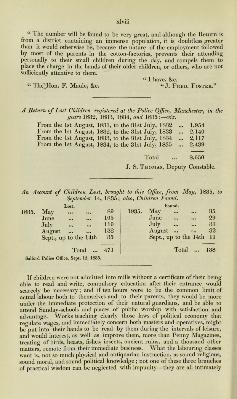 <£ Ihe number will be found to be very great, and although the Return is •om a district containing an immense population, it is doubtless greater than it would otherwise be, because the nature of the employment followed by most of the parents in the cotton-factories, prevents their attending personally to their small children during the day, and compels them to place the charge in the hands of their older children, or others, who are not sufficiently attentive to them. “ I have, &c. ct The^Hon. F. Maule, &c. “ J. Fred. Foster.” A Return of Lost Children registered at the Police Office, Manchester, in the years 1832, 1833, 1834, and 1835:—viz. From the 1st August, 1831, to the 31st July, 1832 ... 1,954 From the 1st August, 1832, to the 31st July, 1833 ... 2,140 From the 1st August, 1833, to the 31st July, 1834 ... 2,117 From the 1st August, 1834, to the 31st July, 1835 ... 2,439 Total ... 8,650 J. S. Thomas, Deputy Constable. An Account of Children Lost, brought to this Office, from May, 1835, to September 14, 1835; also, Children Found. Lost. Found. 1835. May • • • • • • 89 1835. May 35 June 4*9 999 105 June 29 July 999 • • • 110 July 31 August 999 9*9 132 August ... 32 Sept., up to the 14th 35 Sept., up to the 14th 11 Total ... 471 Total ... 138 Salford Police Office, Sept. 15, 1835. If children were not admitted into mills without a certificate of their being able to read and write, compulsory education after their entrance would scarcely be necessary; and if ten hours were to be the common limit of actual labour both to themselves and to their parents, they would be more under the immediate protection of their natural guardians, and be able to attend Sunday-schools and places of public worship with satisfaction and advantage. Works teaching clearly those laws of political economy that regulate wages, and immediately concern both masters and operatives, might be put into their hands to be read by them during the intervals of leisure, and would interest, as well as improve them, more than Penny Magazines, treating of birds, beasts, fishes, insects, ancient ruins, and a thousand other matters, remote from their immediate business. What the labouring classes want is, not so much physical and antiquarian instruction, as sound religious, sound moral, and sound political knowledge ; not one of these three branches of practical wisdom can be neglected with impunity—they are all intimately