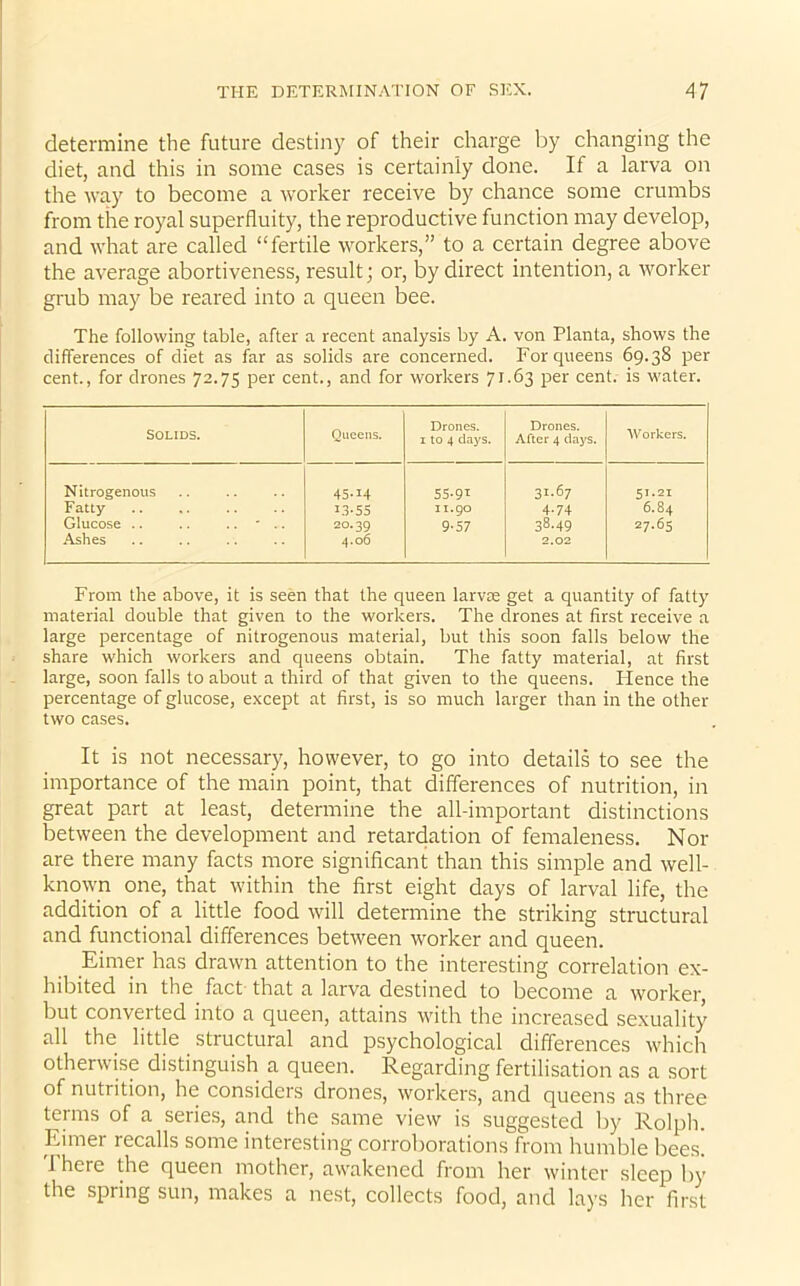 determine the future destiny of their charge by changing the diet, and this in some cases is certainly done. If a larva on the way to become a worker receive by chance some crumbs from the royal superfluity, the reproductive function may develop, and what are called “fertile workers,” to a certain degree above the average abortiveness, result; or, by direct intention, a worker grub may be reared into a queen bee. The following table, after a recent analysis by A. von Planta, shows the differences of diet as far as solids are concerned. For queens 69.38 per cent., for drones 72.75 per cent., and for workers 71-63 Per cent, is water. Solids. Queens. Drones. 1 to 4 days. Drones. After 4 days. Workers. Nitrogenous 45-14 55-91 31-67 51.21 Fatty 13-55 11.90 4-74 6.84 Glucose .. .. .. ' .. 20.39 9-57 38-49 27.65 Ashes 4.06 2.02 From the above, it is seen that the queen larvae get a quantity of fatty material double that given to the workers. The drones at first receive a large percentage of nitrogenous material, but this soon falls below the share which workers and queens obtain. The fatty material, at first large, soon falls to about a third of that given to the queens. Hence the percentage of glucose, except at first, is so much larger than in the other two cases. It is not necessary, however, to go into details to see the importance of the main point, that differences of nutrition, in great part at least, determine the all-important distinctions between the development and retardation of femaleness. Nor are there many facts more significant than this simple and well- known one, that within the first eight days of larval life, the addition of a little food will determine the striking structural and functional differences between worker and queen. Eirner has drawn attention to the interesting correlation ex- hibited in the fact that a larva destined to become a worker, but converted into a queen, attains with the increased sexuality all the little structural and psychological differences which otherwise distinguish a queen. Regarding fertilisation as a sort of nutrition, he considers drones, workers, and queens as three terms of a series, and the same view is suggested by Rolph. Eirner recalls some interesting corroborations from humble bees. 1 here the queen mother, awakened from her winter sleep by the spring sun, makes a nest, collects food, and lays her first