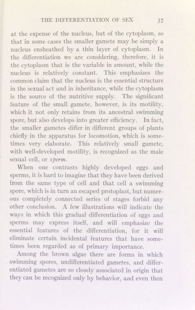 at the expense of the nucleus, but of the c^'toplasm, so that in some cases the smaller gamete may be simply a nucleus ensheathed by a thin layer of cytoplasm. In the differentiation we are considering, therefore, it is the cytoplasm that is the variable in amount, while the nucleus is relatively constant. This emphasizes the common claim that the nucleus is the essential structure in the sexual act and in inheritance, while the cytoplasm is the source of the nutritive supply. The significant feature of the small gamete, however, is its motility, which it not only retains from its ancestral swimming spore, but also develops into greater efficiency. In fact, the smaller gametes differ in different groups of plants chiefly in the apparatus for locomotion, which is some- times veiy elaborate. This relatively small gamete, with well-developed motility, is recognized as the male sexual cell, or sperm. Wlien one contrasts highly developed eggs and sperms, it is hard to imagine that they have been derived from the same type of cell and that cell a swimming spore, which is in turn an escaped protoplast, but numer- ous completely connected series of stages forbid any other conclusion. A few illustrations will indicate the ways in which this gradual differentiation of eggs and sperms may e.xpress itself, and will emphasize the essential features of the differentiation, for it will eliminate certain incidental features that have some- times been regarded as of primary importance. Among the brown algae there are forms in which swimming spores, undifferentiated gametes, and differ- entiated gametes are so closely associated in origin that they can be recognized only by behavior, and even then