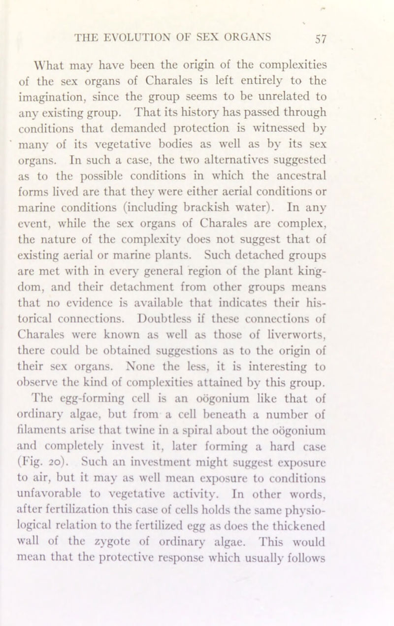 What may have been the origin of the complexities of the sex organs of Charales is left entirely to the imagination, since the group seems to be unrelated to any existing group. That its history has passed through conditions that demanded protection is witnessed by many of its vegetative bodies as well as by its sex organs. In such a case, the two alternatives suggested as to the possible conditions in which the ancestral forms lived are that they were either aerial conditions or marine conditions (including brackish water). In any event, while the sex organs of Charales are complex, the nature of the complexity does not suggest that of existing aerial or marine plants. Such detached groups are met with in every general region of the plant king- dom, and their detachment from other groups means that no evidence is available that indicates their his- torical connections. Doubtless if these connections of Charales were known as well as those of liverworts, there could be obtained suggestions as to the origin of their sex organs. None the less, it is interesting to observe the kind of comple.xities attained by this group. The egg-forming cell is an oogonium like that of ordinary algae, but from a cell beneath a number of filaments arise that twine in a spiral about the oogonium and completely invest it, later forming a hard case (Fig. 20). Such an investment might suggest exposure to air, but it may as well mean exposure to conditions unfavorable to vegetativ’e activity. In other words, after fertilization this case of cells holds the same physio- logical relation to the fertilized egg as does the thickened wall of the zygote of ordinary algae. This would mean that the protective response which usually follows