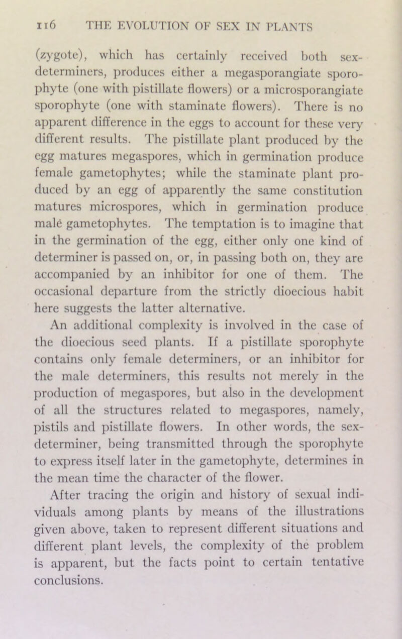 (zygote), which has certainly received both sex- determiners, ])roduces either a megasporangiate sporo- ])hytc (one with pistillate dowers) or a microsporangiate sporophyte (one with staminate flowers), d'here is no apparent difference in the eggs to account for these ver>' (lifTerent results, d'he pistillate plant produced by the egg matures megaspores, which in germination produce female gametophytes; while the staminate plant pro- duced by an egg of apparently the same constitution matures microspores, which in germination produce mal6 gametophytes. 'Fhe temptation is to imagine that in the germination of the egg, either only one kind of determiner is passed on, or, in passing both on, they are accompanied by an inhibitor for one of them. The occasional departure from the strictly dioecious habit here suggests the latter alternative. An additional complexity is involved in the case of the dioecious seed plants. If a pistillate sporophyte contains only female determiners, or an inhibitor for the male determiners, this results not merely in the production of megaspores, but also in the development of all the structures related to megaspores, namely, jnstils and pistillate flowers. In other words, the se.x- determiner, being transmitted through the sporo])hyte to ex])ress itself later in the gametophyte, determines in the mean time the character of the flower. After tracing the origin and history of sexual indi- viduals among plants by means of the illustrations given above, taken to represent clifTerent situations and different plant levels, the complexity of the problem is apparent, but the facts ])oint to certain tentative conclusions.