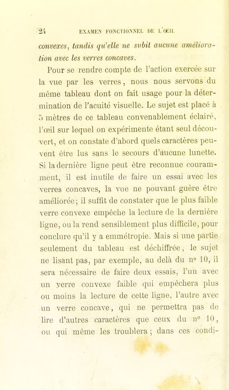 convexes^ tandis qu'elle ne subit aucune améliora- lion avec les verres concaves. Pour se rendre compte de l'action exercée sur la vue par les verres, nous nous servons du même tableau dont on fait usage pour la déter- mination de l'acuité visuelle. Le sujet est placé à 5 mètres de ce tableau convenablement éclairé, l'œil sur lequel on expérimente étant seul décou- vert, et on constate d'abord quels caractères peu- vent être lus sans le secours d'aucune lunette. Si la dernière ligne peut être reconnue couram- ment, il est inutile de faire un essai avec les verres concaves, la vue ne pouvant guère être améliorée; il suffit de constater que le plus faible verre convexe empêche la lecture de la dernière ligne, ou la rend sensiblement plus difficile, pour conclure qu'il y a emmétropie. Mais si une partie seulement du tableau est déchiffrée, le sujet ne lisant pas, par exemple, au delà du n° 10, il sera nécessaire de faire deux essais, l'un avec un yerre convexe faible qui empêchera plus ou moins la lecture de cette ligne, l'autre avec un verre concave, qui ne permettra pas de lire d'autres caractères que ceux du n° 10, ou qui même les troublera ; dans ces condi-