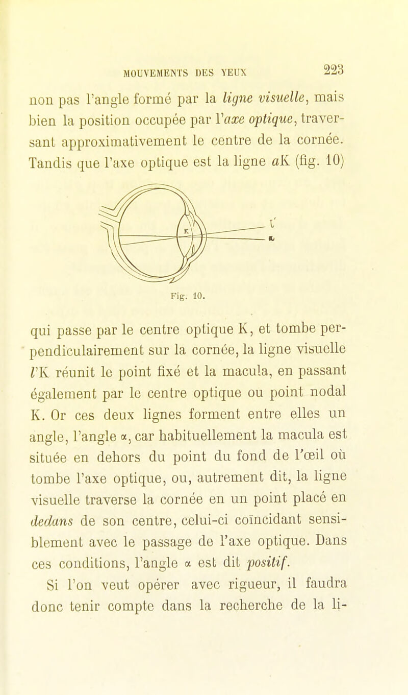 non pas l'angle formé par la ligne visuelle, mais bien la position occupée par Vaxe optique, traver- sant approximativement le centre de la cornée. Tandis que l'axe optique est la ligne aK (fig. 10) Fig. 10. qui passe par le centre optique K, et tombe per- pendiculairement sur la cornée, la ligne visuelle VU réunit le point fixé et la macula, en passant également par le centre optique ou point nodal K. Or ces deux lignes forment entre elles un angle, l'angle a, car habituellement la macula est située en dehors du point du fond de l'œil où tombe l'axe optique, ou, autrement dit, la ligne visuelle traverse la cornée en un point placé en dedans de son centre, celui-ci coïncidant sensi- blement avec le passage de l'axe optique. Dans ces conditions, l'angle a est dit positif. Si l'on veut opérer avec rigueur, il faudra donc tenir compte dans la recherche de la li-