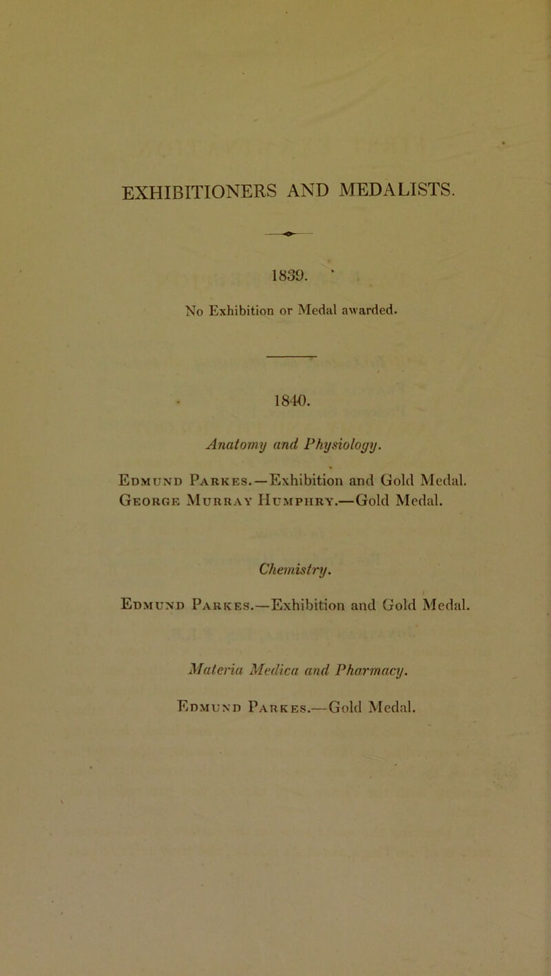 EXHIBITIONERS AND MEDALISTS. 1839. * No Exhibition or Medal awarded. 1840. Anatomy and Physiology. Edmund Parkes. —Exhibition and Gold Medal. George Murray Humphry.—Gold Medal. Chemistry. Edmund Parkes.—Exhibition and Gold Medal. Materia Medica and Pharmacy. Edmund Parkes.—Gold Medal.