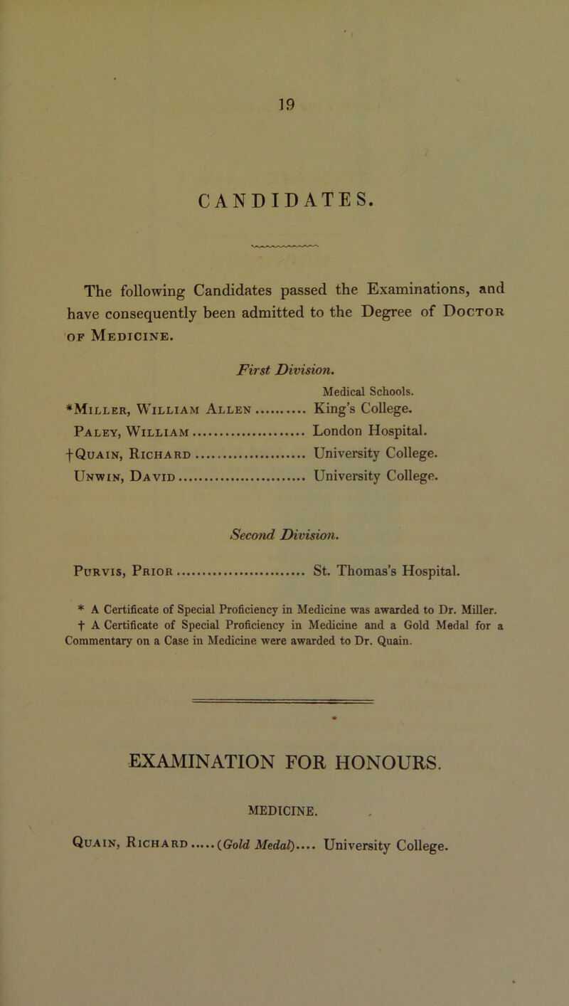 CANDIDATES. The following Candidates passed the Examinations, and have consequently been admitted to the Degree of Doctor of Medicine. First Division. Medical Schools. ♦Miller, William Allen King’s College. Paley, William London Hospital. f Quain, Richard University College. Unwin, David University College. Second Division. Purvis, Prior St. Thomas’s Hospital. * A Certificate of Special Proficiency in Medicine was awarded to Dr. Miller, f A Certificate of Special Proficiency in Medicine and a Gold Medal for a Commentary on a Case in Medicine were awarded to Dr. Quain. EXAMINATION FOR HONOURS. MEDICINE. Quain, Richard (.Gold Medal').... University College.