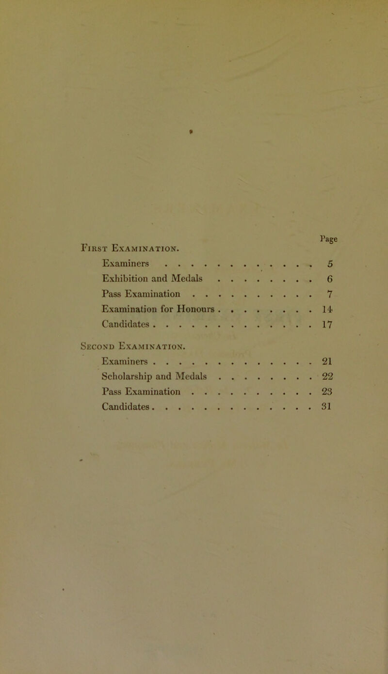 First Examination. Examiners 5 Exhibition and Medals 6 Pass Examination 7 Examination for Honours 14- Candidates 17 Second Examination. Examiners 21 Scholarship and Medals 22 Pass Examination 23 Candidates 31