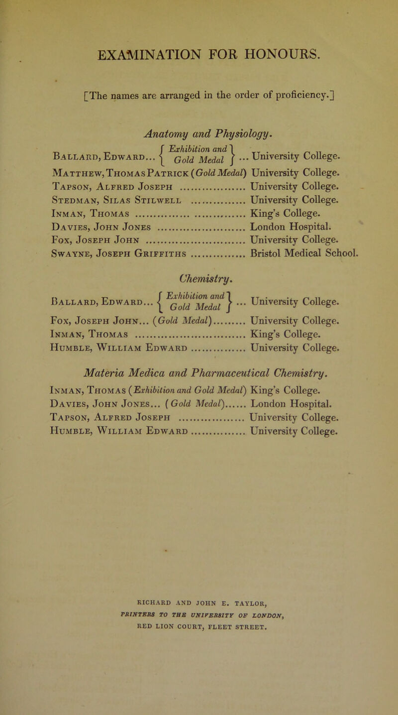 [The names are arranged in the order of proficiency.] Anatomy and Physiology. f Exhibition and 1 . Ballard, Edward... -j Goid Medai [ ... University College. Matthew, Thomas Patrick {Gold Medal) University College. Tapson, Alfred Joseph University College. Stedman, Silas Stilwell University College. Inman, Thomas King’s College. Davies, John Jones London Hospital. Fox, Joseph John University College. Swayne, Joseph Griffiths Bristol Medical School. Chemistry. f Exhibition and 1 Ballard, Edward... < Medal f ••• University College. Fox, Joseph John... (Gold Medal) University College. Inman, Thomas King’s College. Humble, William Edward University College. Materia Medica and Pharmaceutical Chemistry. Inman, Thomas (Exhibition and Gold Medal) King’s College. Davies, John Jones... (Gold Medal) London Hospital. Tapson, Alfred Joseph University College. Humble, William Edward University College. KICHARD AND JOHN E. TAYLOR, PRINTERS TO THE UNIVERSITY OF LONDON, RED LION COURT, FLEET STREET.