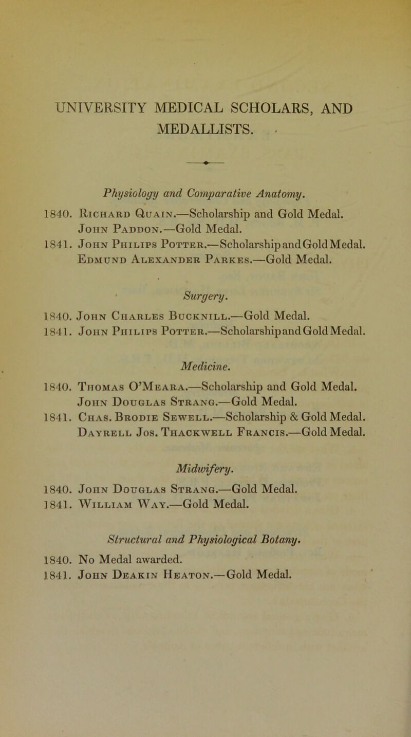 UNIVERSITY MEDICAL SCHOLARS, AND MEDALLISTS. . Physiology and Comparative Anatomy. 1840. Richard Q,uain.—Scholarship and Gold Medal. John Paddon.—Gold Medal. 1841. John Philips Potter.—Scholarship and Gold Medal. Edmund Alexander Parkes.—Gold Medal. Surgery. 1840. John Charles Bucknill.—Gold Medal. 1841. John Philips Potter.—Scholarship and Gold Medal. Medicine. 1840. Thomas O’Meara.—Scholarship and Gold Medal. John Douglas Strang.—Gold Medal. 1S41. Chas. Brodie Sewell.—Scholarship & Gold Medal. Dayrell Jos. Thackwell Francis.—Gold Medal. Midwifery. 1840. John Douglas Strang.—Gold Medal. 1841. William Way.—Gold Medal. Structural and Physiological Botany. 1840. No Medal awarded. 1841. John Deakin Heaton.—Gold Medal.