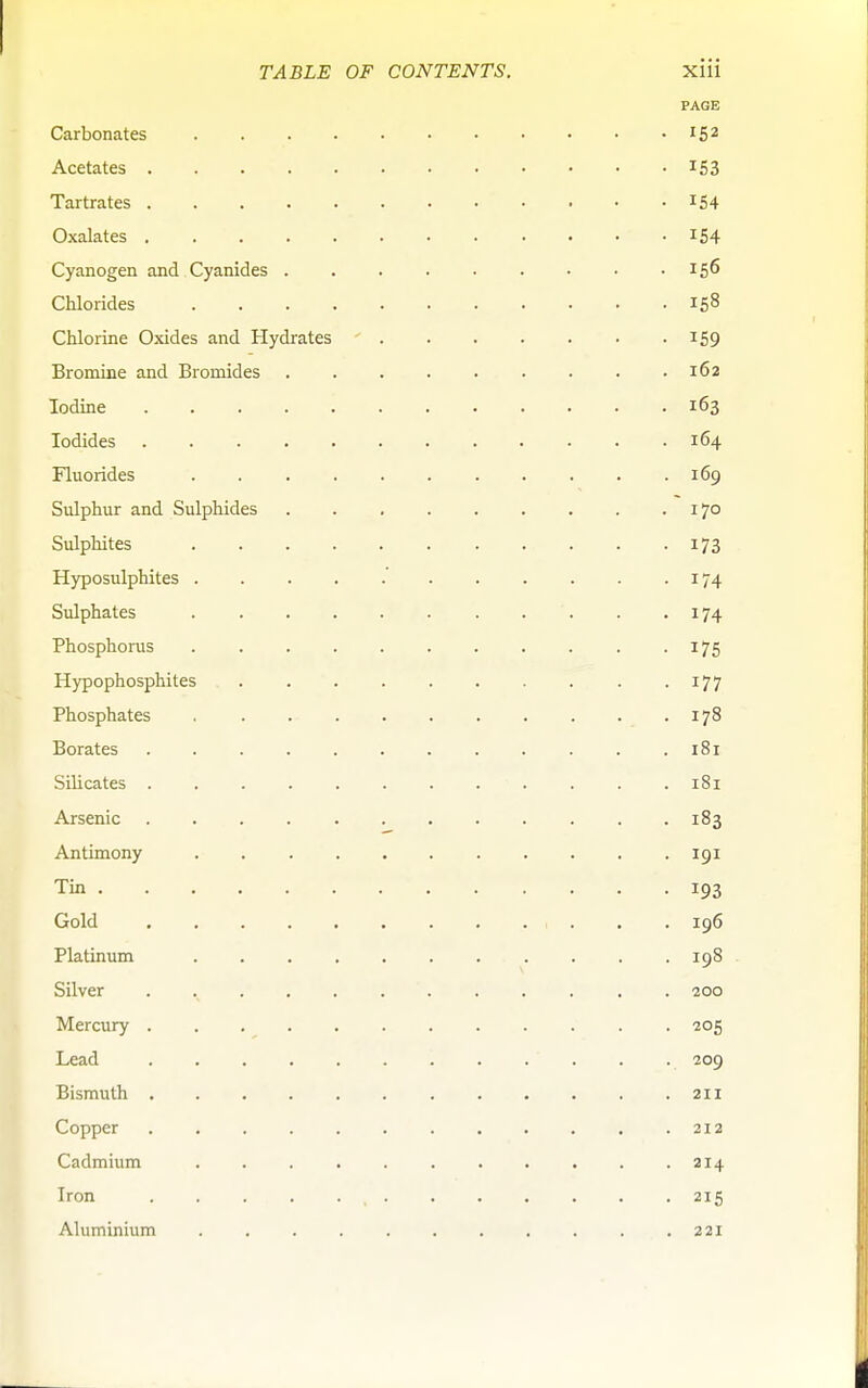 PAGE Carbonates 152 Acetates i53 Tartrates IS4 Oxalates I54 Cyanogen and Cyanides . . . . . . • • •15^ Chlorides 158 Chlorine Oxides and Hydrates ' 159 Bromine and Bromides 162 Iodine 163 Iodides 164 Fluorides 169 Sulphur and Sulphides 170 Sulphites 173 Hyposulphites 174 Sulphates 174 Phosphorus 175 Hypophosphites 177 Phosphates 178 Borates .181 Silicates 181 Arsenic 183 Antimony 191 Tin 193 Gold 196 Platinum 198 Silver . . 200 Mercury 205 Lead 209 Bismuth 211 Copper 212 Cadmium ........... 214 Iron 215 Aluminium 221