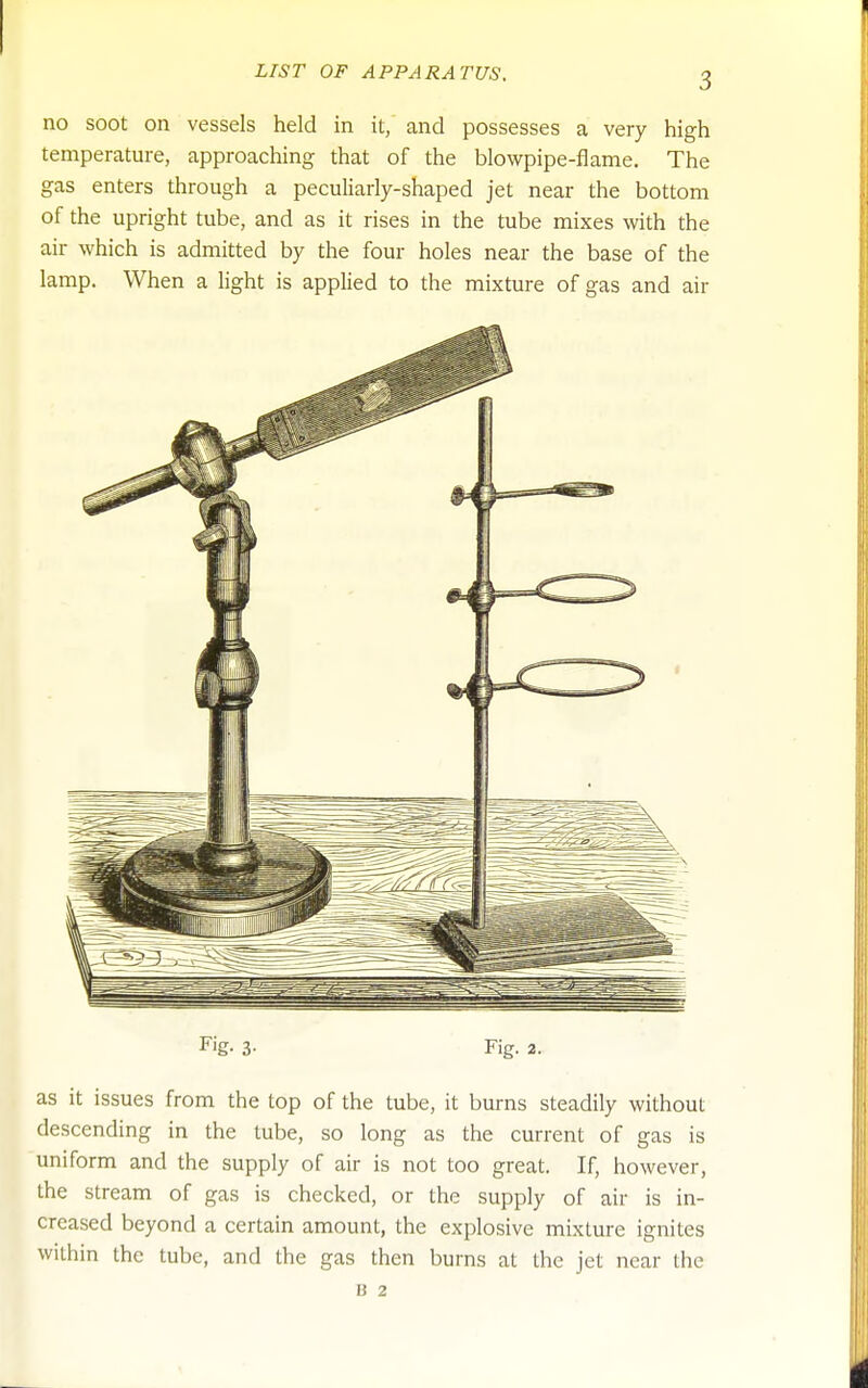 no soot on vessels held in it, and possesses a very high temperature, approaching that of the blowpipe-flame. The gas enters through a peculiarly-shaped jet near the bottom of the upright tube, and as it rises in the tube mixes with the air which is admitted by the four holes near the base of the lamp. When a light is applied to the mixture of gas and air Fig. 3- Fig. 2. as it issues from the top of the tube, it burns steadily without descending in the tube, so long as the current of gas is uniform and the supply of air is not too great. If, however, the stream of gas is checked, or the supply of air is in- creased beyond a certain amount, the explosive mixture ignites within the tube, and the gas then burns at the jet near the u 2