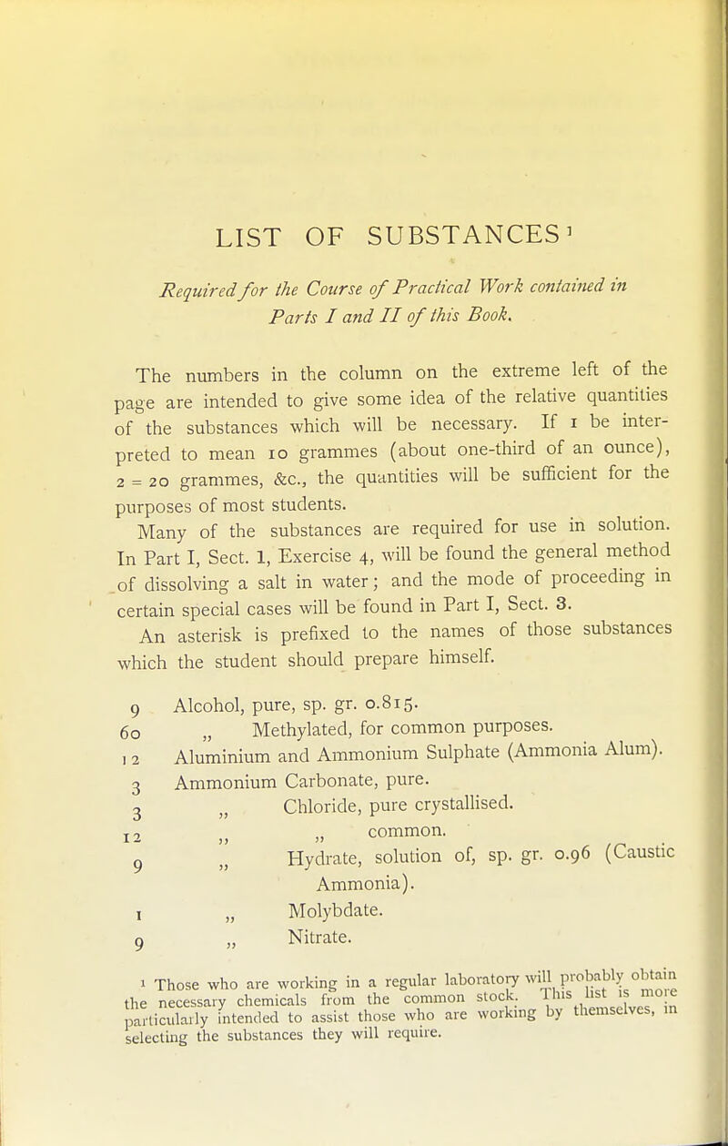 LIST OF SUBSTANCES^ Required for the Course of Practical Work contained in Parts I and II of this Book. The numbers in the column on the extreme left of the page are intended to give some idea of the relative quantities of the substances which will be necessary. If i be inter- preted to mean lo grammes (about one-third of an ounce), 2 = 20 grammes, &c., the quantities will be sufBcient for the purposes of most students. Many of the substances are required for use in solution. In Part I, Sect. 1, Exercise 4, will be found the general method of dissolving a salt in water; and the mode of proceeding in certain special cases will be found in Part I, Sect. 3. An asterisk is prefixed to the names of those substances which the student should prepare himself. 9 Alcohol, pure, sp. gr. 0.815. 60 „ Methylated, for common purposes. 1 2 Aluminium and Ammonium Sulphate (Ammonia Alum). 3 Ammonium Carbonate, pure. 3 „ Chloride, pure crystallised. 12 „ common. Hydrate, solution of, sp. gr. 0.96 (Caustic Ammonia). 9 „ Nitrate. > Those who are working in a regular laboratory wHl probably oto particularly intended to assist those who are vvorkmg by themselves, in selecting the substances they will require. 9