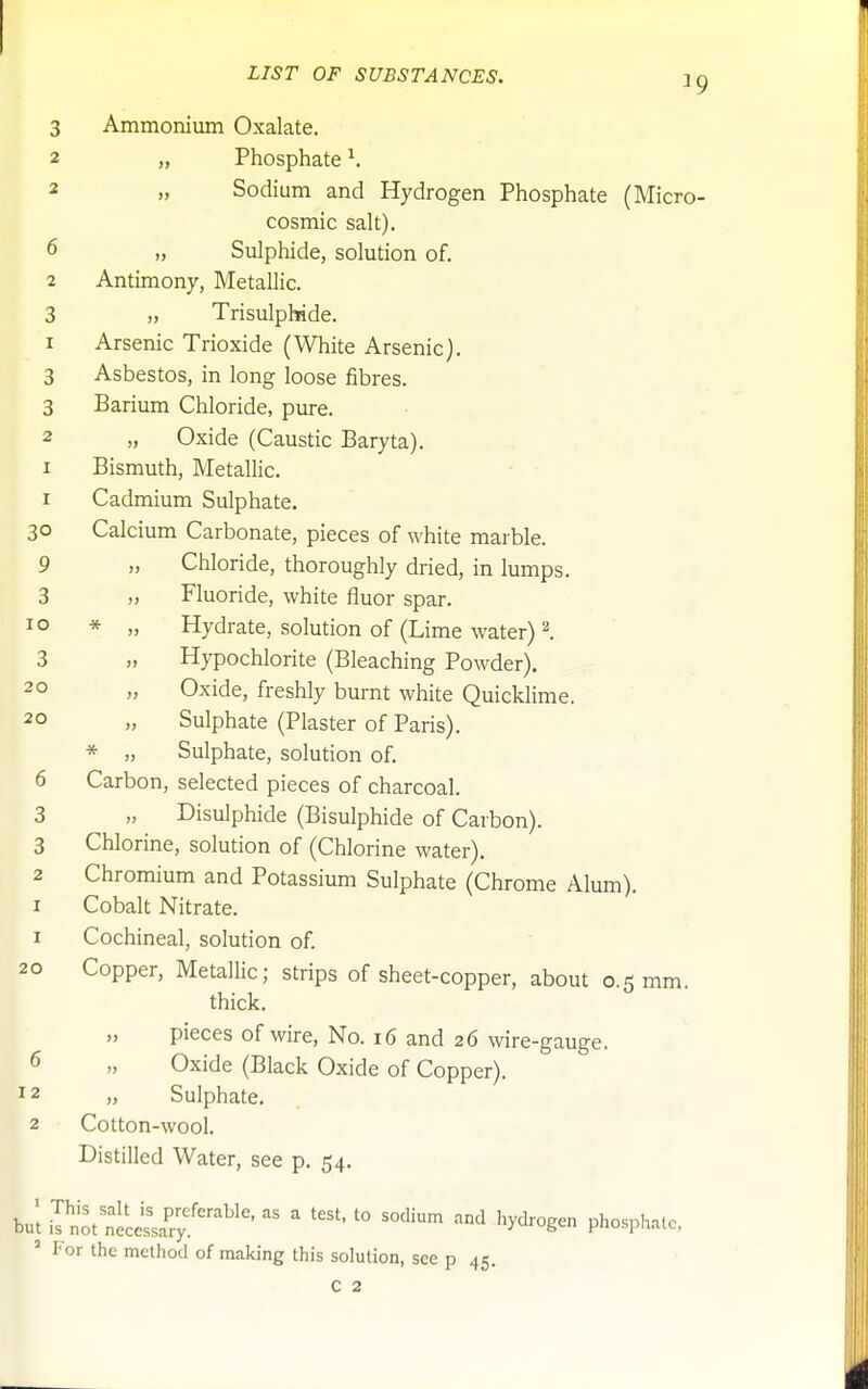 3 Ammonium Oxalate. 2 „ Phosphate ^ 2 „ Sodium and Hydrogen Phosphate (Micro- cosmic salt). 6 „ Sulphide, solution of. 2 Antimony, Metallic. 3 „ TrisulpWde. 1 Arsenic Trioxide (White Arsenic). 3 Asbestos, in long loose fibres. 3 Barium Chloride, pure. 2 „ Oxide (Caustic Baryta). I Bismuth, Metallic. I Cadmium Sulphate. 30 Calcium Carbonate, pieces of white marble. 9 „ Chloride, thoroughly dried, in lumps. 3 „ Fluoride, white fluor spar. 10 * „ Hydrate, solution of (Lime water) I 3 Hypochlorite (Bleaching Powder). 2° „ Oxide, freshly burnt white Quicklime. 20 „ Sulphate (Plaster of Paris). * „ Sulphate, solution of. 6 Carbon, selected pieces of charcoal. 3 » Bisulphide (Bisulphide of Carbon). 3 Chlorine, solution of (Chlorine water). 2 Chromium and Potassium Sulphate (Chrome Alum). I Cobalt Nitrate. 1 Cochineal, solution of. 20 Copper, Metallic; strips of sheet-copper, about 0.5 mm. thick. pieces of wire, No. 16 and 26 wire-gauge. 6 „ Oxide (Black Oxide of Copper). 12 „ Sulphate. 2 Cotton-wool. Distilled Water, see p. 54. but il n^t neceL'rf''^''  ' ''''' '° '^^^-g- Pl^-P'-^c.  For the method of making this solution, see p 45.