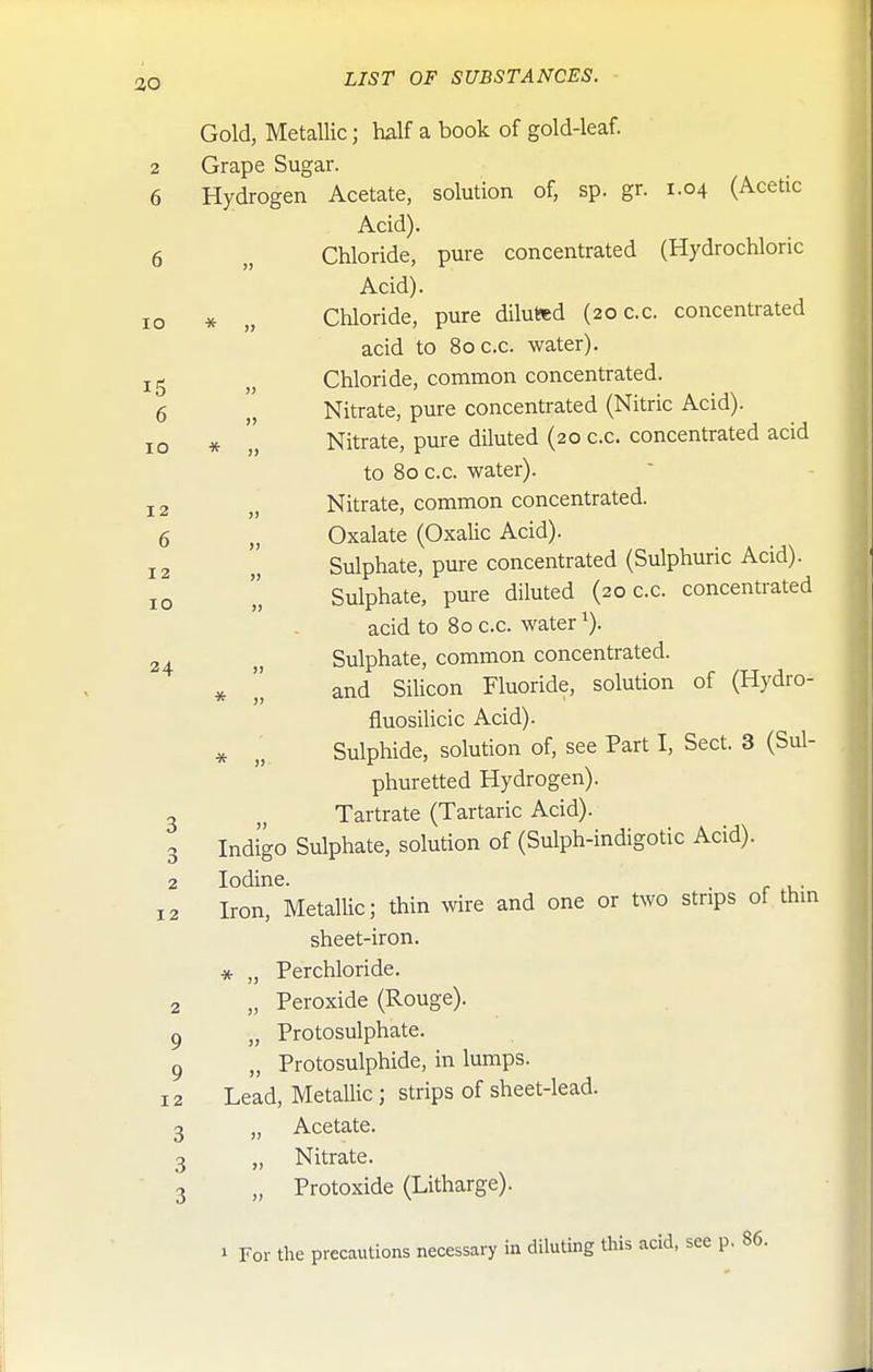 » Gold, Metallic; half a book of gold-leaf. 2 Grape Sugar. Acid). 6 „ Chloride, pure concentrated (Hydrochloric Acid). 10 * „ Chloride, pure diluted (20C.C. concentrated acid to 80C.C. water), jg Chloride, common concentrated. 6 „ Nitrate, pure concentrated (Nitric Acid). Nitrate, pure diluted (20 c.c. concentrated acid to 80 c.c. water). Nitrate, common concentrated. 6 „ Oxalate (Oxalic Acid). Sulphate, pure concentrated (Sulphuric Acid). Sulphate, pure diluted (20 c.c. concentrated acid to 80 c.c. water ^). Sulphate, common concentrated, and Silicon Fluoride, solution of (Hydro- fluosilicic Acid). * „ Sulphide, solution of, see Part I, Sect. 3 (Sul- phuretted Hydrogen). 3 „ Tartrate (Tartaric Acid). 3 Indigo Sulphate, solution of (Sulph-indigotic Acid). 2 Iodine. . 12 Iron, Metallic; thin wire and one or two strips of thm sheet-iron. * „ Perchloride. 2 „ Peroxide (Rouge). g „ Protosulphate. 9 „ Protosulphide, in lumps. 12 Lead, Metallic ; strips of sheet-lead. 3 „ Acetate. 3 „ Nitrate. 3 „ Protoxide (Litharge). 1 For the precautions necessary in diluting this acid, see p. 86. 10 12 12 ID 24