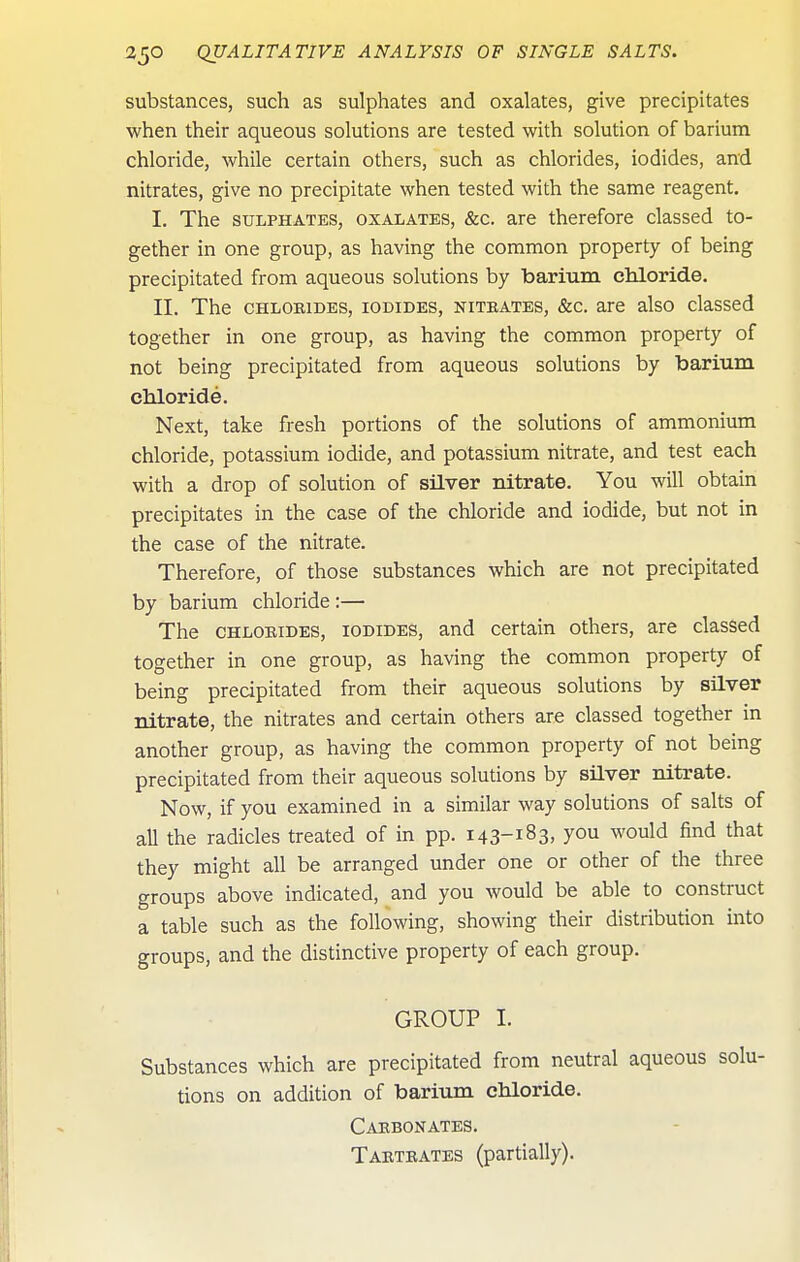substances, such as sulphates and oxalates, give precipitates when their aqueous solutions are tested with solution of barium chloride, while certain others, such as chlorides, iodides, and nitrates, give no precipitate when tested with the same reagent, I. The SULPHATES, OXALATES, &c. are therefore classed to- gether in one group, as having the common property of being precipitated from aqueous solutions by barium chloride. II. The CHLOBiDES, IODIDES, NiTEATBS, &c. are also classed together in one group, as having the common property of not being precipitated from aqueous solutions by barium chloride. Next, take fresh portions of the solutions of ammonium chloride, potassium iodide, and potassium nitrate, and test each with a drop of solution of silver nitrate. You will obtain precipitates in the case of the chloride and iodide, but not in the case of the nitrate. Therefore, of those substances which are not precipitated by barium chloride :— The CHLOKiDES, IODIDES, and certain others, are classed together in one group, as having the common property of being precipitated from their aqueous solutions by silver nitrate, the nitrates and certain others are classed together in another group, as having the common property of not being precipitated from their aqueous solutions by silver nitrate. Now, if you examined in a similar way solutions of salts of all the radicles treated of in pp. 143-183, you would find that they might all be arranged under one or other of the three groups above indicated, and you would be able to construct a table such as the following, showing their distribution into groups, and the distinctive property of each group. GROUP I. Substances which are precipitated from neutral aqueous solu- tions on addition of barium chloride. Carbonates. Tarteates (partially).