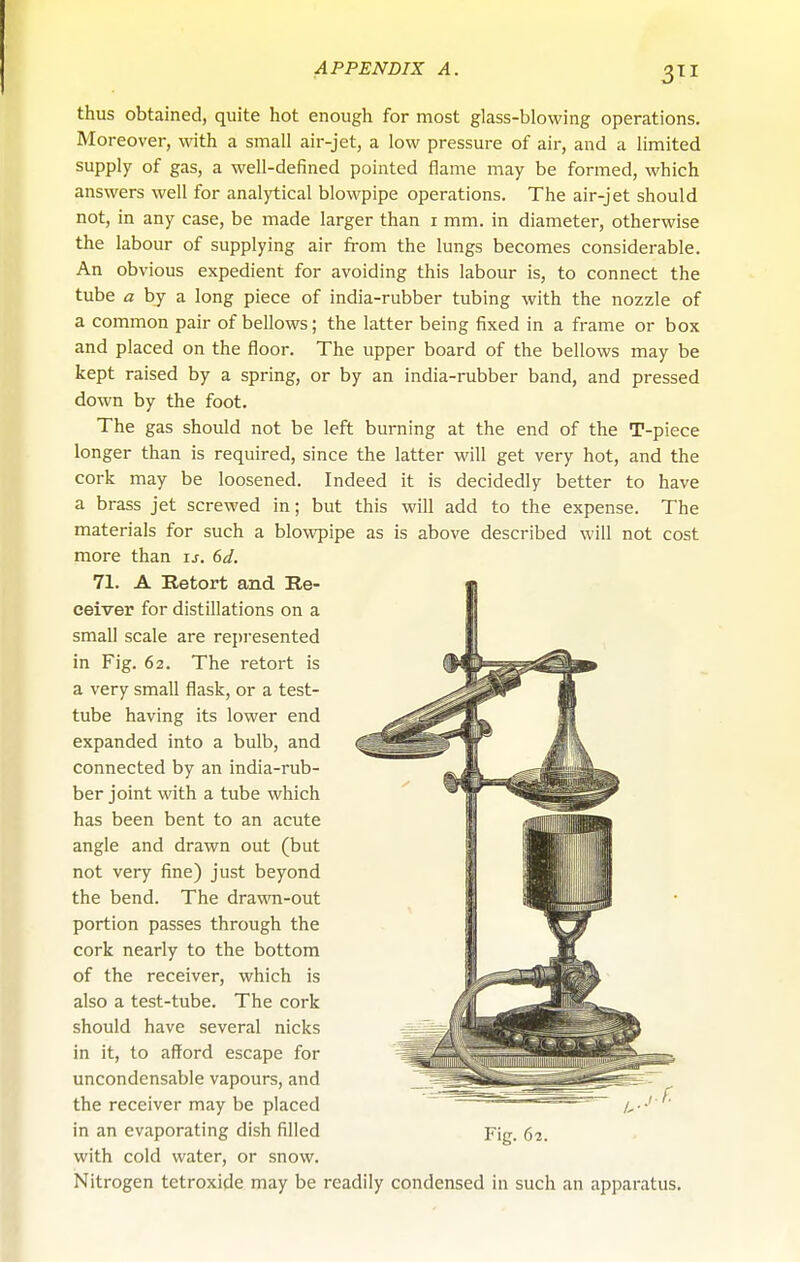 thus obtained, quite hot enough for most glass-blowing operations. Moreover, with a small air-jet, a low pressure of air, and a limited supply of gas, a well-defined pointed flame may be formed, which answers well for analytical blowpipe operations. The air-jet should not, in any case, be made larger than i mm. in diameter, otherwise the labour of supplying air fi-om the lungs becomes considerable. An obvious expedient for avoiding this labour is, to connect the tube a hj TL long piece of india-rubber tubing with the nozzle of a common pair of bellows; the latter being fixed in a frame or box and placed on the floor. The upper board of the bellows may be kept raised by a spring, or by an india-rubber band, and pressed down by the foot. The gas should not be left burning at the end of the T-piece longer than is required, since the latter will get very hot, and the cork may be loosened. Indeed it is decidedly better to have a brass jet screwed in; but this will add to the expense. The materials for such a blowpipe as is above described will not cost more than u. 6d. 71. A Retort and Re- ceiver for distillations on a small scale are represented in Fig. 62. The retort is a very small flask, or a test- tube having its lower end expanded into a bulb, and connected by an india-rub- ber joint with a tube which has been bent to an acute angle and drawn out (but not very fine) just beyond the bend. The drawn-out portion passes through the cork nearly to the bottom of the receiver, which is also a test-tube. The cork should have several nicks in it, to afford escape for uncondensable vapours, and the receiver may be placed —'-^— /,-•' '' in an evaporating dish filled Fig. 62. with cold water, or snow. Nitrogen tetroxide may be readily condensed in such an apparatus.