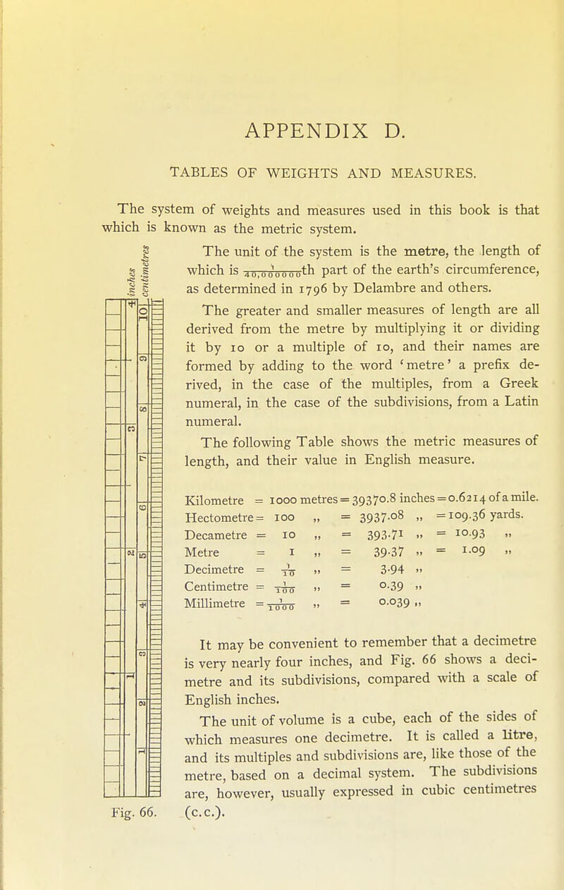 TABLES OF WEIGHTS AND MEASURES. s The system of weights and measures used in this book is that which is known as the metric system, g The unit of the system is the metre, the length of which is 40.000000th part of the earth's circumference, as determined in 1796 by Delambre and others. The greater and smaller measures of length are all derived from the metre by multiplying it or dividing it by 10 or a multiple of 10, and their names are formed by adding to the word 'metre' a prefix de- rived, in the case of the multiples, from a Greek numeral, in the case of the subdivisions, from a Latin numeral. The following Table shows the metric measures of length, and their value in English measure. Kilometre = 1000 metres = 39370.8 inches=o.62i4ofamile. Hectometre = 100 „ = 3937-o8 <• = 109.36 yards. = 393-71 Decametre = 10 Metre = i Decimetre = ~g Centimetre = j-^g Millimetre = xoW 39-37 3-94 0.39 0.039 = 10.93 = 1.09 Fig. 66. It may be convenient to remember that a decimetre is very nearly four inches, and Fig. 66 shows a deci- metre and its subdivisions, compared with a scale of English inches. The unit of volume is a cube, each of the sides of which measures one decimetre. It is called a litre, and its multiples and subdivisions are, like those of the metre, based on a decimal system. The subdivisions are, however, usually expressed in cubic centimetres (cc).