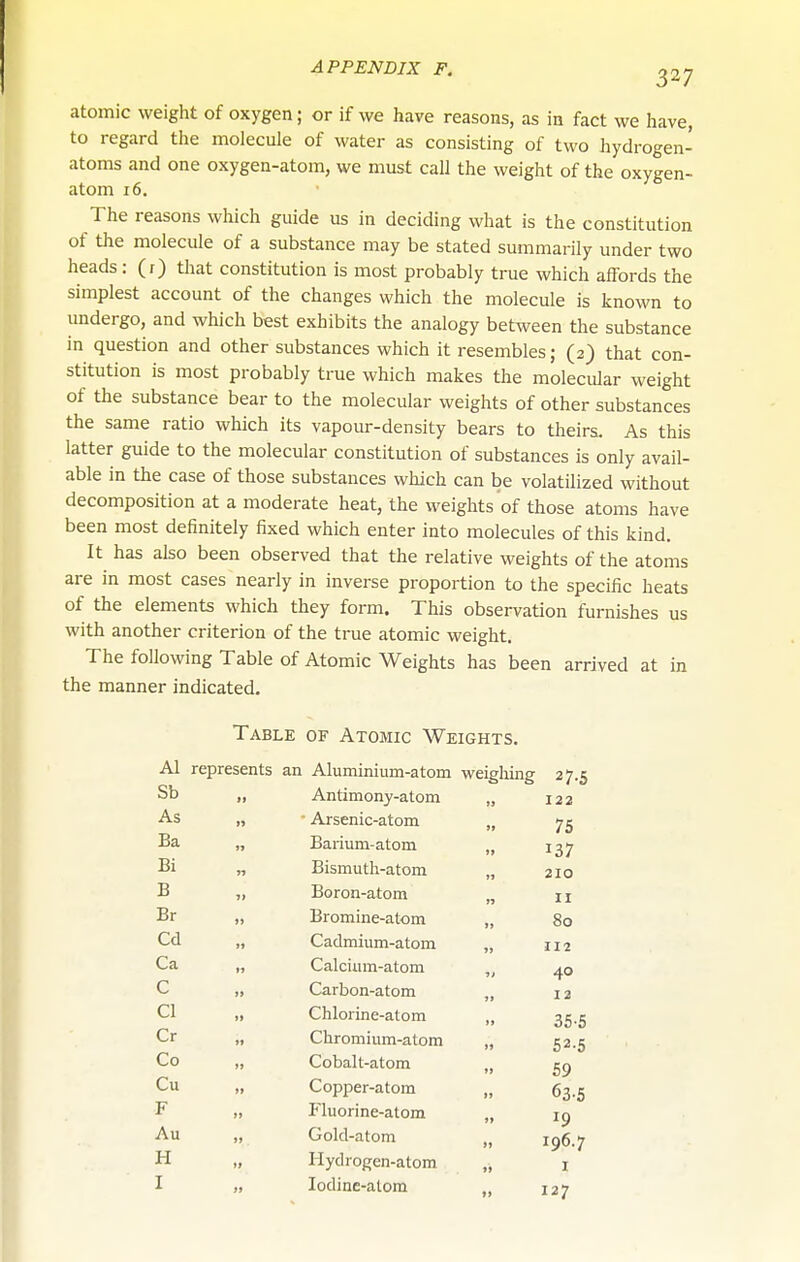 atomic weight of oxygen; or if we have reasons, as in fact we have, to regard the molecule of water as consisting of two hydrogen- atoms and one oxygen-atom, we must call the weight of the oxygen- atom 16, The reasons which guide us in deciding what is the constitution of the molecule of a substance may be stated summarily under two heads: (r) that constitution is most probably true which affords the simplest account of the changes which the molecule is known to undergo, and which best exhibits the analogy between the substance in question and other substances which it resembles; (2) that con- stitution is most probably true which makes the molecular weight of the substance bear to the molecular weights of other substances the same ratio which its vapour-density bears to theirs. As this latter guide to the molecular constitution of substances is only avail- able in the case of those substances which can be volatilized without decomposition at a moderate heat, the weights of those atoms have been most definitely fixed which enter into molecules of this kind. It has also been observed that the relative weights of the atoms are in most cases nearly in inverse proportion to the specific heats of the elements which they form. This observation furnishes us with another criterion of the true atomic weight. The following Table of Atomic Weights has been arrived at in the manner indicated. Table of Atomic Weights. Al represents an Aluminium-atom weighing 27-5 Sb If Antimony-atom )S 122 As »> ■ Arsenic-atom 91 75 Ba n Barium-atom »J 137 Bi « Bismuth-atom »» 210 B 71 Boron-atom » n Br )) Bromine-atom J» 80 Cd 1) Cadmium-atom 93 112 Ca fj Calcium-atom 9t 40 C f> Carbon-atom 9t 12 CI l> Chlorine-atom 99 35-5 Cr » Chromium-atom 99 52-5 Co 19 Cobalt-atom 99 59 Cu t1 Copper-atom 99 63-5 F )i P'luorine-atom 99 19 Au JJ Gold-atom 99 196.7 H Hydrogen-atom 99 I I » lodine-alom 127