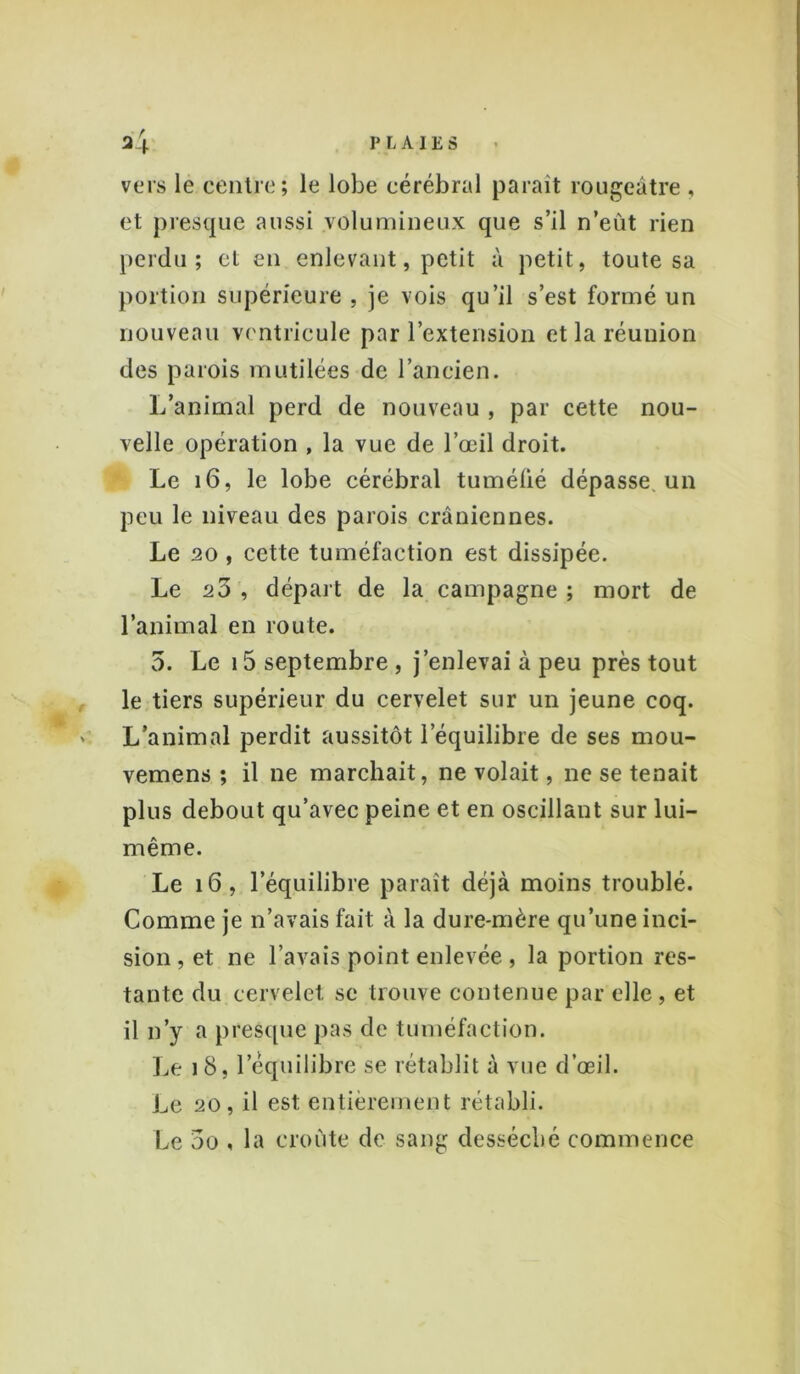 vers le centre; le lobe cérébral paraît rougeâtre , et presque aussi volumineux que s’il n’eùt rien perdu; et en enlevant, petit à petit, toute sa portion supérieure , je vois qu’il s’est formé un nouveau ventricule par l’extension et la réunion des parois mutilées de l’ancien. L’animal perd de nouveau , par cette nou- velle opération , la vue de l’œil droit. Le 16, le lobe cérébral tumélié dépasse, un peu le niveau des parois crâniennes. Le 20 , cette tuméfaction est dissipée. Le 20 , départ de la campagne ; mort de l’animal en route. 5. Le 15 septembre , j’enlevai à peu près tout le tiers supérieur du cervelet sur un jeune coq. L’animal perdit aussitôt l’équilibre de ses mou- vemens ; il ne marchait, ne volait, ne se tenait plus debout qu’avec peine et en oscillant sur lui- même. Le 16, l’équilibre paraît déjà moins troublé. Comme je n’avais fait à la dure-mère qu’une inci- sion , et ne l’avais point enlevée , la portion res- tante du cervelet, se trouve contenue par elle, et il n’y a presque pas de tuméfaction. Le i 8, l’équilibre se rétablit à vue d’œil. Le 20, il est entièrement rétabli. Le oo , la croûte de sang desséché commence