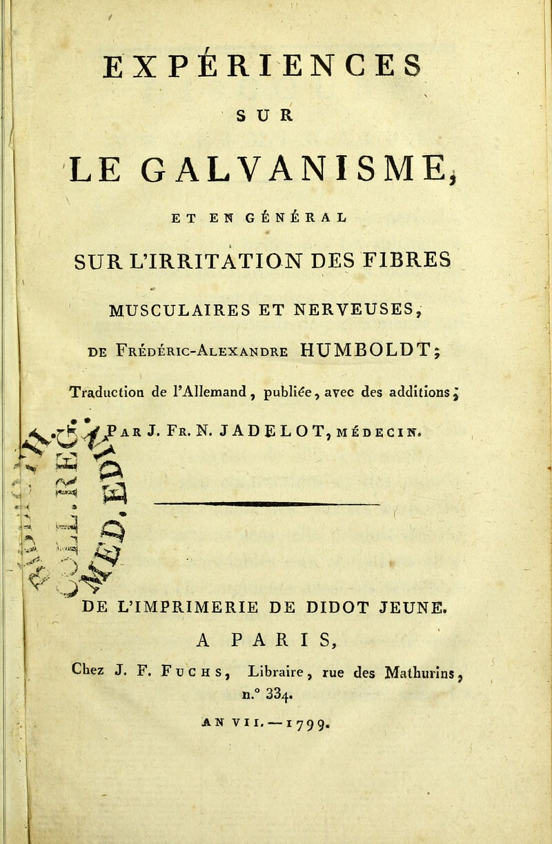 / EXPÉRIENCES SUR LE GALVANISME* ET EN GÉNÉRAL SUR L’IRRITATION DES FIBRES ■S r 4*\ , m ; MUSCULAIRES ET NERVEUSES, de Frédéric-Alexandre HUMBOLDT; Traduction de l’Allemand , publiée, avec des additions j a R J. Fr. N. JADELOT, médecin. ”ûq < 4 «**• 4- '•■r* Aj '■W V DE L’IMPRIMERIE DE DIDOT JEUNE. A PARIS, Chez J. F. Fuchs, Libraire, rue des Mathurins, n.° 334. AN VII. — 179 9.