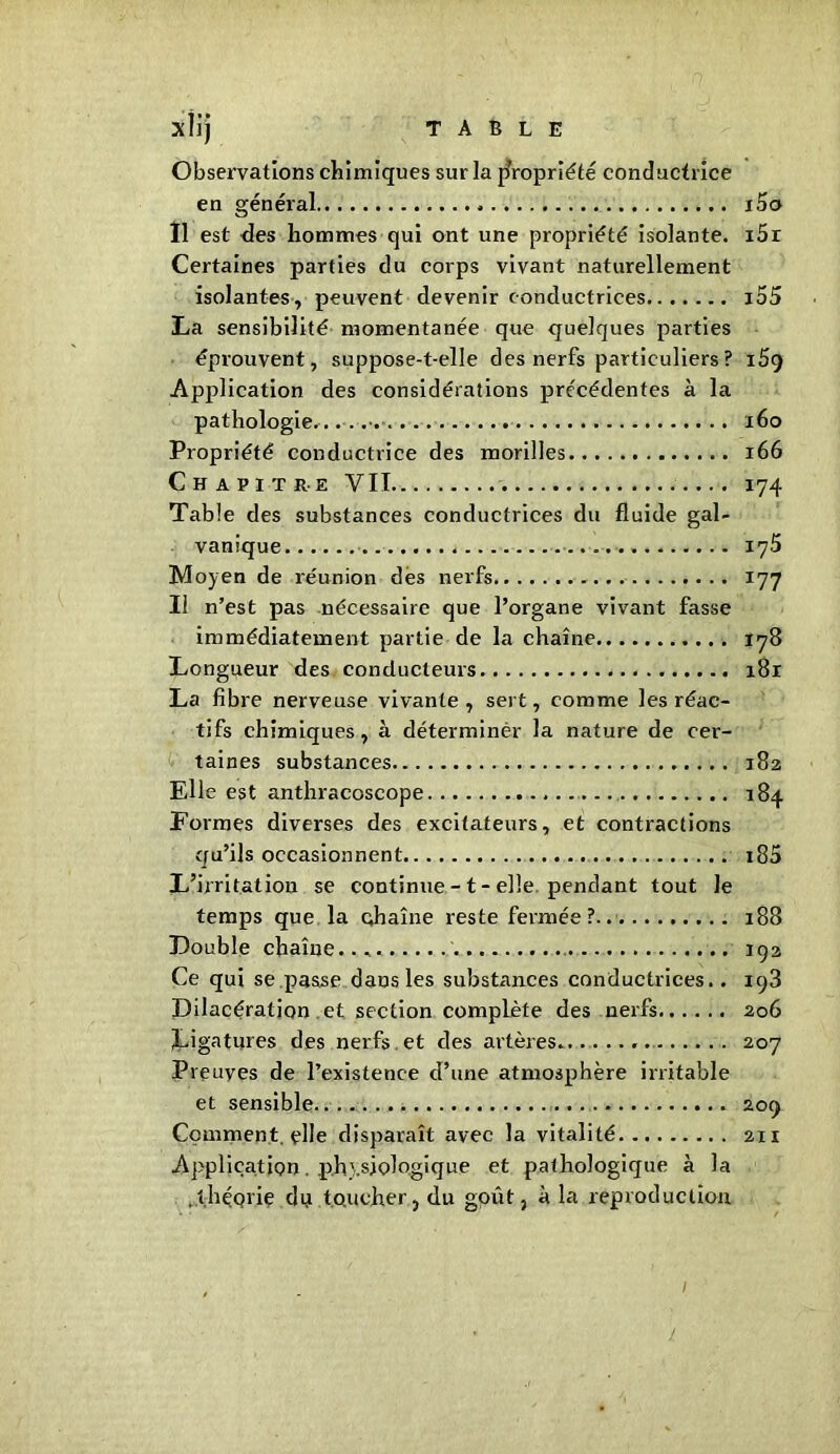 Observations chimiques sur la propriété conductrice en général i5o Il est des hommes qui ont une propriété isolante. i5r Certaines parties du corps vivant naturellement isolantes, peuvent devenir conductrices i55 La sensibilité momentanée que quelques parties éprouvent, suppose-t-elle des nerfs particuliers? i5q Application des considérations précédentes à la pathologie....... 160 Propriété conductrice des morilles 166 Chapitre VIT 174 Table des substances conductrices du fluide gal- vanique 175 Moyen de réunion des nerfs 177 II n’est pas nécessaire que l’organe vivant fasse immédiatement partie de la chaîne 178 Longueur des conducteurs 181 La fibre nerveuse vivante , sert, comme les réac- tifs chimiques, à déterminer la nature de cer- (-■ taines substances 182 Elle est anthracoscope 184 Formes diverses des excitateurs, et contractions qu’ils occasionnent 185 L’irritation se continue - t - elle, pendant tout le temps que la çhaîne reste fermée ?. 188 Double chaîne... 192 Ce qui se passe dans les substances conductrices.. 193 Dilacération et section complète des nerfs 206 Ligatures des nerfs et des artères 207 Preuves de l’existence d’une atmosphère irritable et sensible 209 Comment elle disparaît avec la vitalité 211 Application. physiologique et pathologique à la théorie do toucher, du goût, à la reproduction