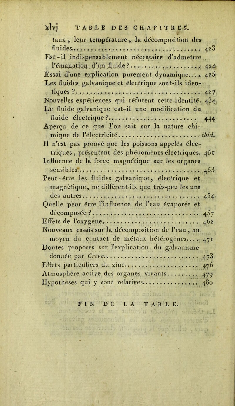 xlvj TABLE DES CHAPITRES. faux , leur température, la décomposition des fluides 423 Est-il indispensablement nécessaire d’admettre l’émanation d’un fluide ? 424 Essai d’une explication purement dynamique.... 425 Ees fluides galvanique et électrique sont-ils iden- tiques ?....... 427 Nouvelles expériences qui réfutent cette identité. 434 Ee fluide galvanique est-il une modification du fluide électrique ? 444 Aperçu de ce que l’on sait sur la nature chi- mique de l’électricité ibid. Il n’est pas prouvé que les poissons appelés élec- triques , présentent des phénomènes électriques. 45r Influence de la force magnétique sur les organes sensibles'... 4S3 Peut-être les fluides galvanique, électrique et magnétique, ne diffèrent-ils que très-peu les uns des autres 454 Quelle peut être l’influence de l’eau évaporée et décomposée? 457 Effets de l’oxygène 462 Nouveaux essais sur la décomposition de l’eau , au moyen du contact de métaux hétérogènes.... 471 Doutes proposes sur l’explication du galvanisme donnée par Creve.. 473 Effets particuliers du zinc 476 Atmosphere active des organes vivants 479 Hypothèses qui y sont relatives 480 FIN DE LA TABLE. )