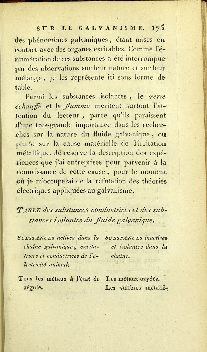 des phénomènes galvaniques, étant mises en contact avec des organes excitables. Comme l’é- numération de ces substances a été interrompue par des observations sur leur nature et sur leur mélange , je les représente ici sous forme de table. Parmi les substances isolantes , le verre échauffé et la flamme méritent surtout l’at- tention du lecteur , parce qu’ils paraissent d’une très-grande importance dans les recher- ches sur la nature du fluide galvanique , ou plutôt sur la cause matérielle de l’irritation métallique. Jé réserve la description des expé- riences que j’ai entreprises pour parvenir à la connaissance de cette cause , pour le moment où je m’occuperai de la réfutation des théories électriques appliquées au galvanisme. 'Table des substances conductrices et des sub- stances isolantes du fluide galvanique. Substances actives dans la Substances inactives chaîne galvanique, excita- et isolantes dans let trices et conductrices de té- chaîne, leclricité animale. Tous les métaux à l’état de Les métaux oxydés, régule. Les ‘sulfures métalli—