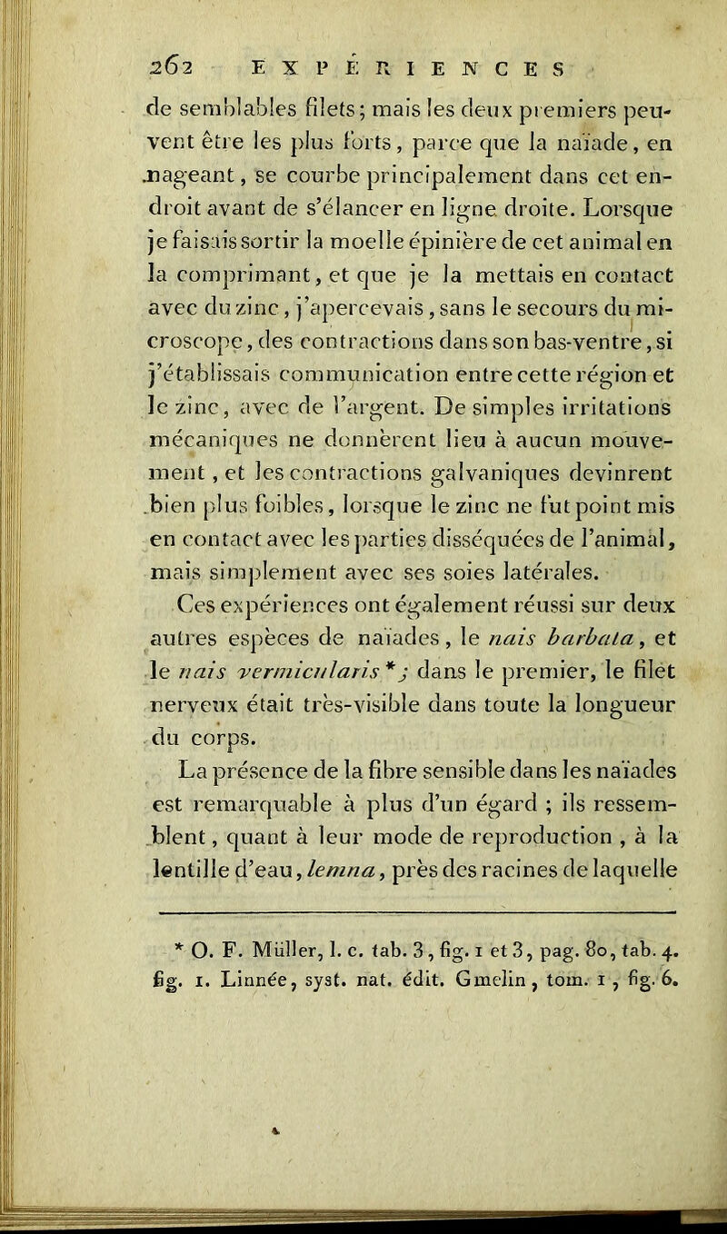 de semblables filets; mais les deux premiers peu- vent être les plus forts, parce que la naïade, en .nageant, se courbe principalement dans cet en- droit avant de s’élancer en ligne, droite. Lorsque je faisais sortir la moelle épinière de cet animal en la comprimant, et que je la mettais en contact avec du zinc, j’apercevais, sans le secours du mi- croscope, des contractions dans son bas-ventre, si j’établissais communication entre cette région et le zinc, avec de l’argent. De simples irritations mécaniques ne donnèrent lieu à aucun mouve- ment , et les contractions galvaniques devinrent bien plus foibles, lorsque le zinc ne fut point mis en contact avec les parties disséquées de l’animal, mais simplement avec ses soies latérales. Ces expériences ont également réussi sur deux autres espèces de naïades, le nais barb a la, et le nais vermicnlaris*j dans le premier, le filet nerveux était très-visible dans toute la longueur du corps. La présence de la fibre sensible dans les naïades est remarquable à plus d’un égard ; ils ressem- blent, quant à leur mode de reproduction , à la lentille d’eau, lemna, près des racines de laquelle * O. F. Müller, 1. c. tab. 3 , fig. i et 3, pag. 8o, tab. 4. fig. i. Linnée, syst. nat. édit. Gmelin, tom. 1 , fig. 6.