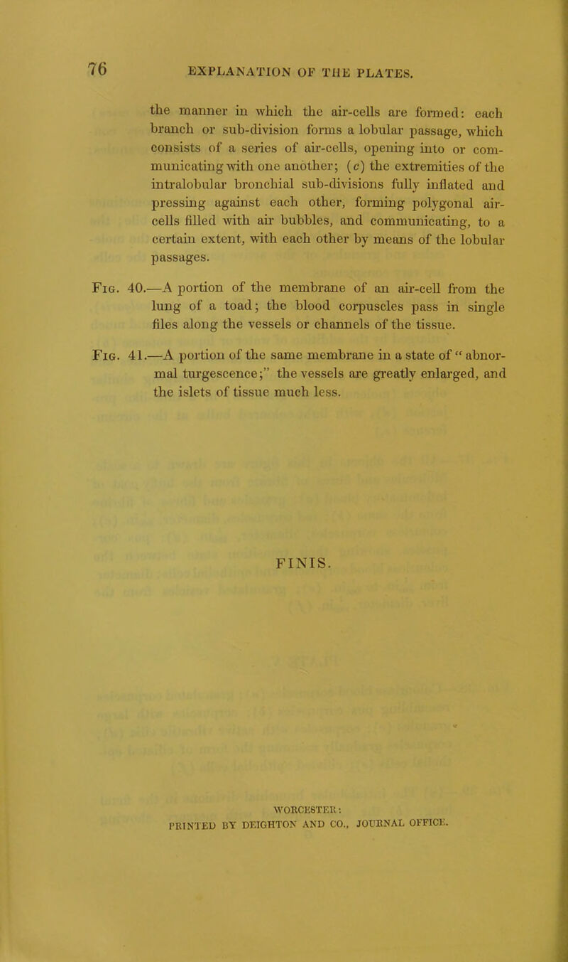the manner in which the air-cells are formed: each branch or sub-division forms a lobular passage, which consists of a series of air-cclls, opening into or com- municating with one another; (c) the extremities of the intralobular bronchial sub-divisions fully inflated and pressing against each other, forming polygonal air- cells filled with air bubbles, and communicating, to a certain extent, with each other by means of the lobular passages. Fig. 40.—A portion of the membrane of an air-cell from the lung of a toad; the blood corpuscles pass in single files along the vessels or channels of the tissue. Fig. 41.—A portion of the same membrane in a state of “ abnor- mal turgescence;” the vessels are greatly enlarged, and the islets of tissue much less. FINIS. WORCESTER: PRINTED BY BRIGHTON AND CO., JOURNAL OFFICE.