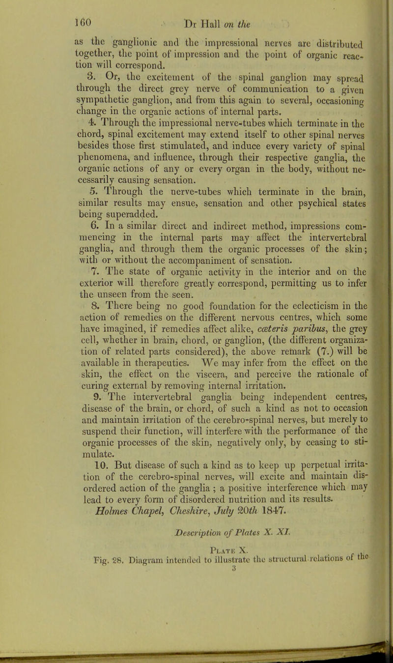 as the ganglionic and the impressional nerves are distributed together, the point of impression and the point of organic reac- tion will correspond. 3. Or, the excitement of the spinal ganglion may spread through the direct grey nerve of communication to a given sympathetic ganglion, and from this again to several, occasioning change in the organic actions of internal parts. 4. Through the impressional nerve-tubes which terminate in the chord, spinal excitement may extend itself to other spinal nerves besides those first stimulated, and induce every variety of spinal phenomena, and influence, through their respective ganglia, the organic actions of any or every organ in the body, without ne- cessarily causing sensation. 5. Through the nerve-tubes which terminate in the brain, similar results may ensue, sensation and other psychical states being superadded. 6. In a similar direct and indirect method, impressions com- mencing in the internal parts may affect the intervertebral ganglia, and through them the organic processes of the skin; with or without the accompaniment of sensation. 7. The state of organic activity in the interior and on the exterior will therefore greatly correspond, permitting us to infer the unseen from the seen. 8. There being no good foundation for the eclecticism in the action of remedies on the different nervous centres, which some have imagined, if remedies affect alike, cceteris paribus, the grey cell, whether in brain, chord, or ganglion, (the different organiza- tion of related parts considered), the above remark (7.) will be available in therapeutics. We may infer from the effect on the skin, the effect on the viscera, and perceive the rationale of curing external by removing internal irritation. 9. The intervertebral ganglia being independent centres, disease of the brain, or chord, of such a kind as not to occasion and maintain irritation of the cerebro-spinal nerves, but merely to suspend their function, will interfere with the performance of the organic processes of the skin, negatively only, by ceasing to sti- mulate. 10. But disease of such a kind as to keep up perpetual irrita- tion of the cerebro-spinal nerves, will excite and maintain dis- ordered action of the ganglia ; a positive interference which may lead to every form of disordered nutrition and its results. Holmes Chapel, Cheshire^ July 9,0th 1847. Description of Plates X. XI. Plate X. ■ r i Fie. 28. Diaciam intended to illustrate the structural relations of the