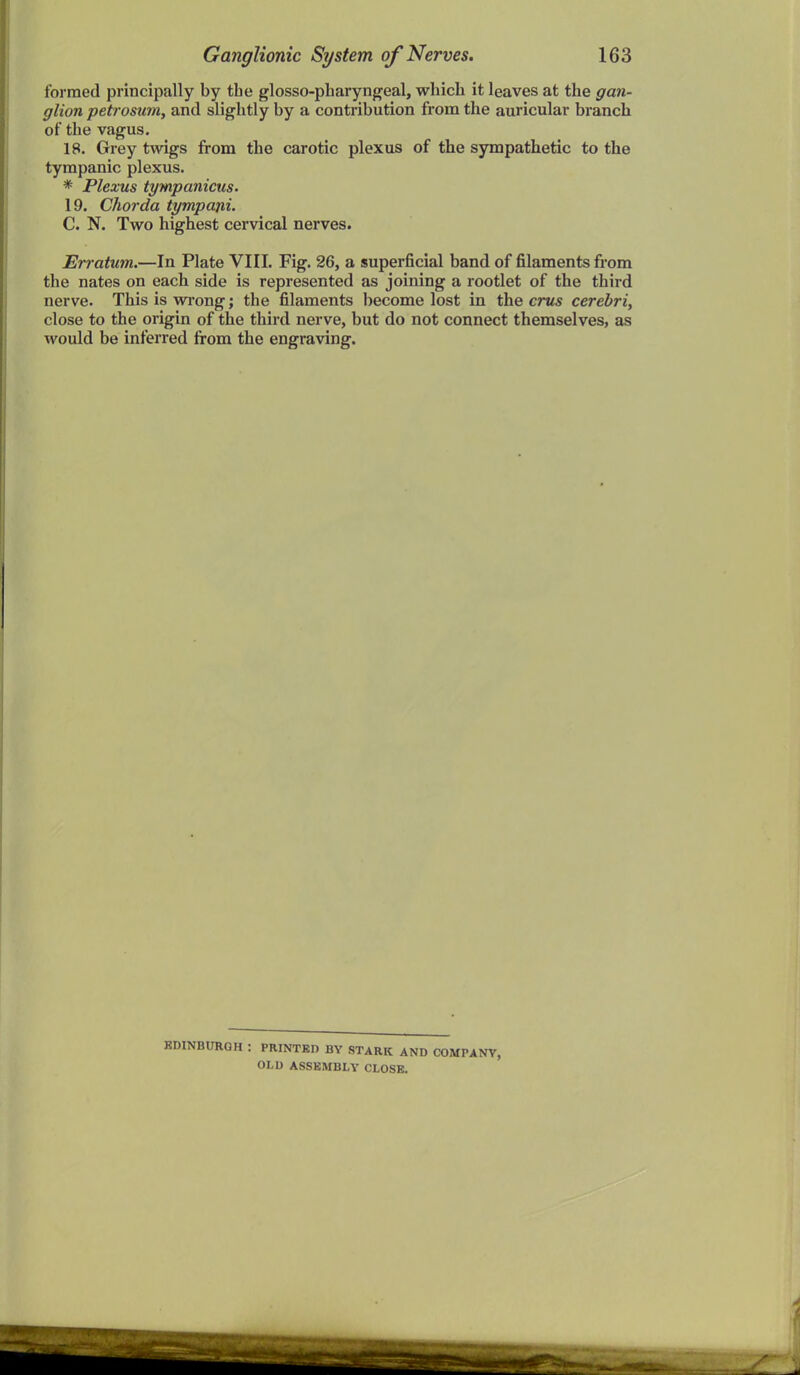 formed principally by tbe glosso-pharyngeal, which it leaves at the gan- glion petrosum, and slightly by a contribution from the auricular branch of the vagus. 18. Grey twigs from the carotic plexus of the sjmapathetic to the tympanic plexus. * Plexus tympanicus. 19. Chorda tympajii- C. N. Two highest cervical nerves. Erratum.—In Plate VIII. Fig. 26, a superficial band of filaments from the nates on each side is represented as joining a rootlet of the third nerve. This is wrong; the filaments become lost in the cms cerebri, close to the origin of the third nerve, but do not connect themselves, as would be inferred from the engraving. KDINBURQH : PRINTED BY STARK AND COMPANY, OLD ASSEMBLY CLOSE.