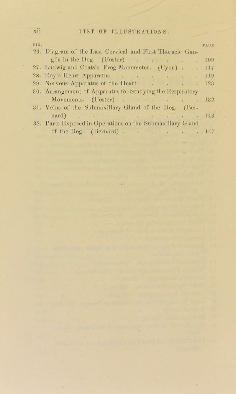no. 26. Diagram of the Last Cervical and First Thoracic Gan- glia in the Dog. (Foster) ..... 27. Ludwig and Coats’s Frog Manometer. (Cyon) . 28. Roy’s Heart Apparatus ...... 29. Nervous Apparatus of the Heart .... 30. Arrangement of Apparatus for Studying the Respiratory Movements. (Foster) ...... 31. Veins of the Submaxillary Gland of the Dog. (Ber- nard) ......... 32. Parts Exposed in Operations on the Submaxillary Gland of the Dog. (Bernard) ...... PAOK 109 117 119 123 132 14C 147