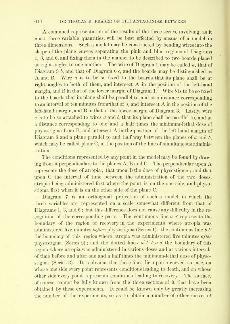 A combined representation of the results of the three series, involving, as it must, three variable quantities, will be best effected by means of a model in three dimensions. Such a model may be constructed by bending wires into the shape of the plane curves separating the pink and blue regions of Diagrams 1, 8, and 6, and fixing them in the manner to be described to two boards placed at right angles to one another. The wire of Diagram 1 may be called a, that of Diagram 3 h, and that of Diagram 6 c, and the boards may be distinguished as A and B. Wu^e a is to be so fixed to the boards that its plane shall be at right angles to both of them, and intersect A in the position of the left-hand margin, and B in that of the lower margin of Diagram 1. Wire h is to be so fixed to the boards that its plane shall be parallel to, and at a distance corresponding to an interval of ten minutes fromthat of a, and intersect A in the position of the left-hand margin, and B in that of the loAver margin of Diagram 3. Lastly, wire c is to be so attached to wires a and h, that its plane shall be parallel to, and at a distance corresponding to one and a half times the minimum-lethal dose of physostigma from B, and intersect A in the position of the left-hand margin of Diagram 6 and a plane parallel to and half way between the planes of a and h, which may be called plane C, in the position of the line of simultaneous adminis- tration. The conditions represented by any point in the model may be found by draw- ing from it perpendiculars to the planes A, B and C. The perpendicular upon A represents the dose of atropia; that upon B the dose of physostigma ; and that upon C the interval of time between the administration of the two doses, atropia being administered first where the point is on the one side, and physo- stigma first when it is on the other side of the plane C. Diagram 7 is an orthogonal projection of such a model, in which the three variables are represented on a scale somewhat different from that of Diagrams 1, 3, and 6 ; but this difference does not cause any difficulty in the re- cognition of the corresponding parts. The continuous line a a! represents the boundary of the region of recovery in the experiments where atropia was administered five minutes before physostigma (Series 1); the continuous line h h' the boundary of this region where atropia was administered five minutes after physostigma (Series 2); and the dotted line c a' V h a d the boundary of this region where atropia was administered in various doses and at various intervals of time before and after one and a half times the minimum-lethal dose of physo- stigma (Series 3). It is obvious that these lines lie ujDon a curved surface, on whose one side every point represents conditions leading to death, and on whose other side every point represents conditions leading to recovery. The surface, of course, cannot be fully known from the three sections of it that have been obtained by these experiments. It could be known only by greatly increasing the number of the experiments, so as to obtain a number of other curves of