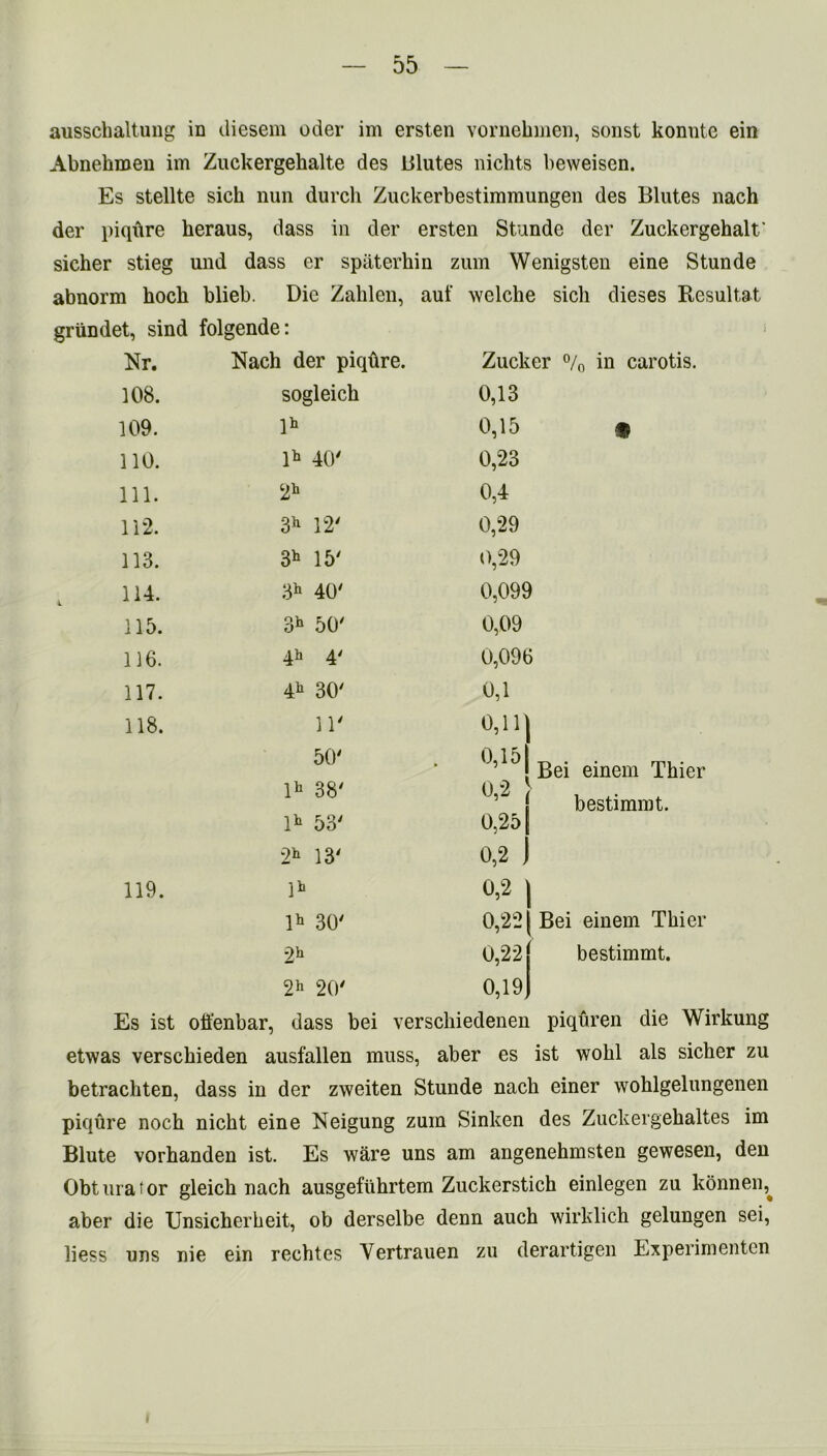 aussckaltung in diesem oder im ersten vornehmen, sonst konnte ein Abnehmen im Zuckergehalte des Blutes nichts beweisen. Es stellte sick nun durch Zuckerbestimmungen des Blutes nach der piqiire keraus, dass in der ersten Stunde der Zuckergekalt' sicker stieg und dass er spaterhin zum Wenigsten eine Stunde abnorm hocb blieb. Die Zaklen, auf welche sick dieses Resultat griindet, sind folgende: Nr. Nach der piqftre. Zucker °/0 in carotis. 108. sogleick 0,13 109. lh 0,15 • no. n 40' 0,23 in. 2* 0,4 11*2. 3h 12' 0,29 113. 3h 15' 0,29 114. 3h 40' 0,099 115. 3h 50' 0,09 116. 4h 4' 0,096 117. 30' 0,1 118. 11' 50' n 38' 0,11 0,15 Bei einem Tkier 0,2 > bestimmt. n 53' 0,25 2h 13' 0,2 . 119. n 0,2 o CO J=l r—< 0,22 Bei einem Tkier L 2h 0,22 bestimmt. 2^ 20' 0,19 Es ist otfenbar, dass bei verschiedenen piquren die Wirkung etwas versckieden ausfallen muss, aber es ist wokl als sicher zu betrachten, dass in der zweiten Stunde nack einer woklgelungenen piqure noch nickt eine Neigung zum Sinken des Zuckergekaltes im Blute vorhanden ist. Es ware uns am angenehmsten gewesen, den Obturator gleick nach ausgefuhrtem Zuckerstich einlegen zu konnen,^ aber die Unsicherkeit, ob derselbe denn auch wirklich gelungen sei, liess uns nie ein recktcs Yertrauen zu derartigen Experimenten