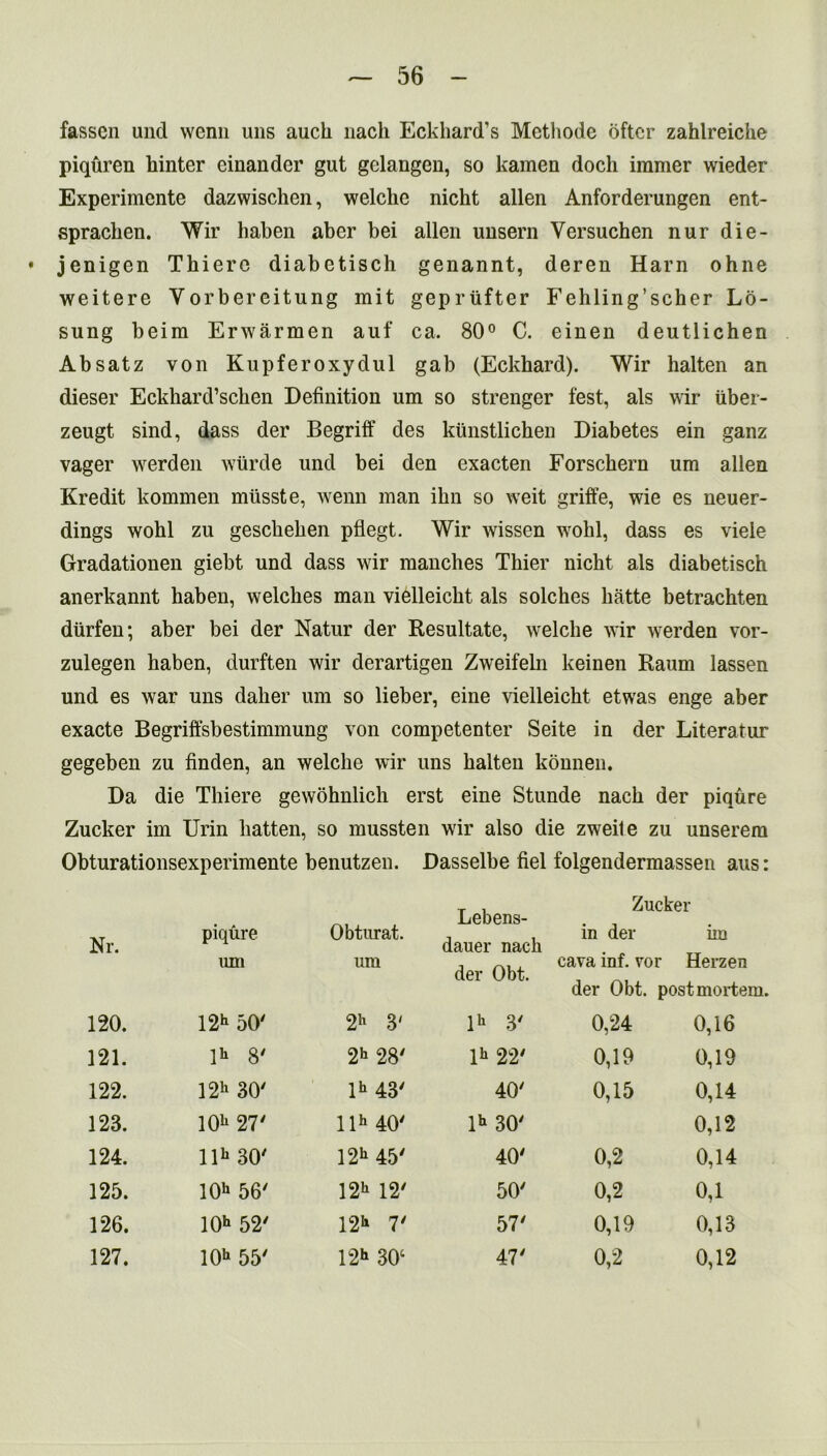 fasscn und wenn uns auck nach Eckhard's Mcthode oftcr zahlreicke piquren hinter einander gut gclangen, so kamen dock immer wieder Experimente dazwischen, welche nickt alien Anforderungen ent- spracken. Wir haben aber bei alien unsern Versuchen nur die- • jenigen Tbierc diabetisch genannt, deren Ham ohne weitere Yorbereitung mit gepriifter Fehling’scher Lo- sung beim Erwarmen auf ca. 80° C. einen deutlichen Absatz von Kupferoxydul gab (Eckkard). Wir halten an dieser Eckhard’schen Definition um so strenger fest, als wir iiber- zeugt sind, dass der Begriff des kunstlicben Diabetes ein ganz vager werden wurde und bei den exacten Forscbern um alien Kredit kommen miisste, wenn man ibn so weit griffe, wie es neuer- dings wohl zu gescbeben pflegt. Wir wissen wobl, dass es viele Gradationen giebt und dass wir manches Tbier nicbt als diabetisch anerkannt haben, welches man vielleickt als solcbes hatte betrachten diirfen; aber bei der Natur der Resultate, welche wir werden vor- zulegen haben, durften wir derartigen Zweifeln keinen Raum lassen und es war uns daber um so lieber, eine vielleicht etwas enge aber exacte Begriffsbestimmung von competenter Seite in der Literatur gegeben zu finden, an welche wir uns halten konnen. Da die Tbiere gewohnlich erst eine Stunde nach der piqure Zucker im Urin batten, so mussten wir also die zweite zu unserem Obturationsexperimente benutzen. Dasselbe fiel folgendermassen aus: Zucker Nr. piqure um Obturat. um Lebens- dauer nach der Obt. in der iin cava inf. vor Herzen der Obt. postmorte 120. 12h 50' 2h 3' lh 3' 0,24 0,16 121. 1* 8/ 2h 28' lb 22' 0,19 0,19 122. 12b 30' lh 43' 40' 0,15 0,14 123. 10b 27' llh 40' lb 30' 0,12 124. lib 30' I2h 45' 40' 0,2 0,14 125. 10b 56' 12b 12' 50' 0,2 0,1 126. 10h 52' 12b 7' 57' 0,19 0,13 127. 10b 55/ 12b 30‘ 47' 0,2 0,12