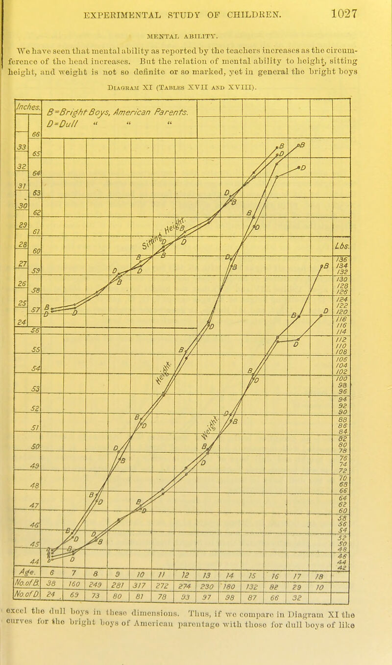 MKNTAI. ABILITY. ^Yo bavc seoii tLat mental iibility as reported by the teiicliers increases as the circum- furouco of the Load increases. But the relation of mental ability to height, sitting height, and weight is not so definite or so marked, yet in general the bright boys Diagram XI (Tables XVII and XVIII). Inct hes. B^BrightBoys, American Parents. D=Dul/  33 32 31 30 23 28 27 26 25 66 65 ,B 64 63 1 62 /^B 61 A 60 ^B y Lbs. 53 Ir 136 134 132 58 1 130 12$ I2S 57 bJ D 124 122 120 24 n ^ n u —«-— / lie 116 114 £6 55 0 112 110 108 54 ■t. B/y 106 104 102 53 ^// ¥d 100 98 96 52 94 92 90 51 B/y P'd /Jb 88 86 84 50 d// ay 82 80 78 49 //b 76 74 73 48 70 68 66 47 b/ ^»«^ 64 62 60 46 58 56 54 45 52 SO 48 44 0 46 4V AZ Age. 6 7 8 10 11 13 H 15 ■ 16 17 18 No.ofB. 38 160 249 j 281 317 272 274 230 180 132 82 29 10 No.ofD 24 69 73 1 80 81 78 03 97 98 87 66 32 excel tlio dull boys in Ihcso curves for the bright boys of dimensions. 'I'lins, if wo compare in Diagram XI the American parentage with those for dull boys of like