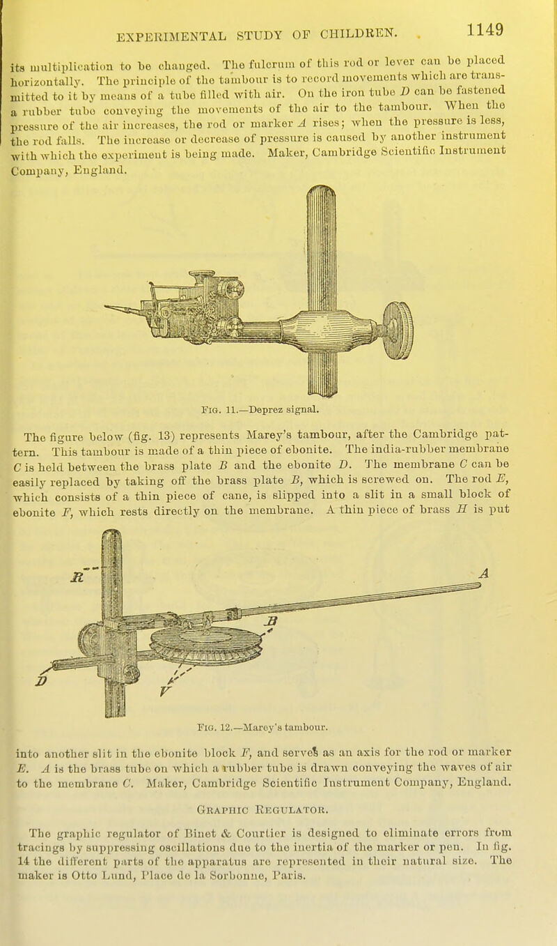 its imxltiplication to be cliauged. The fulcrum of this rod or lover cau he placed horizontally. The prluciple of the tambour is to record movements which are trans- mitted to it by moans of a tube filled with air. Ou the iron tube D can be fastened a rubber tube couveyiug the movemeuts of the air to the tambour. When the pressure of the air increases, the rod or marker A rises; Avhen the pressure is less, the rod fulls. The increase or decrease of pressure is caused by another instrument with which the experiment is being made. Maker, Cambridge Scientific Instrument Company, England. ^ Fig. 11.—Deprez signal. The figure below (fig. 13) represents Marey's tambour, after the Cambridge pat- tern. This tambour is made of a thin piece of ebonite. The india-rubber membrane C is held between the brass plate B and the ebonite D. The membrane C can be easily replaced by taking off the brass plate B, which is screwed on. The rod E, which consists of a thin piece of cane, is slipped into a slit in a small block of ebonite F, which rests directly on the membrane. A thin piece of brass H is put Fio. 12.—Marey's tambour. into another slit in the ebonite block F, and servol as an axis for the rod or marker E. A is the brass tube on whicli a rubber tube is drawn conveying the waves of air to the membrane C. Maker, Cambridge Scientific Instrument Company, England. Graphic Regulatou. The graphic regulator of Binet & Courtier is designed to eliminate errors from tracings by suppressing oscillations duo to the inertia of the marker or pen. In lig. 14 the ditferont parts of tbo apparatus are represented in tlieir natural size. The maker is Otto Lund, Place de la Sorbonue, Paris.