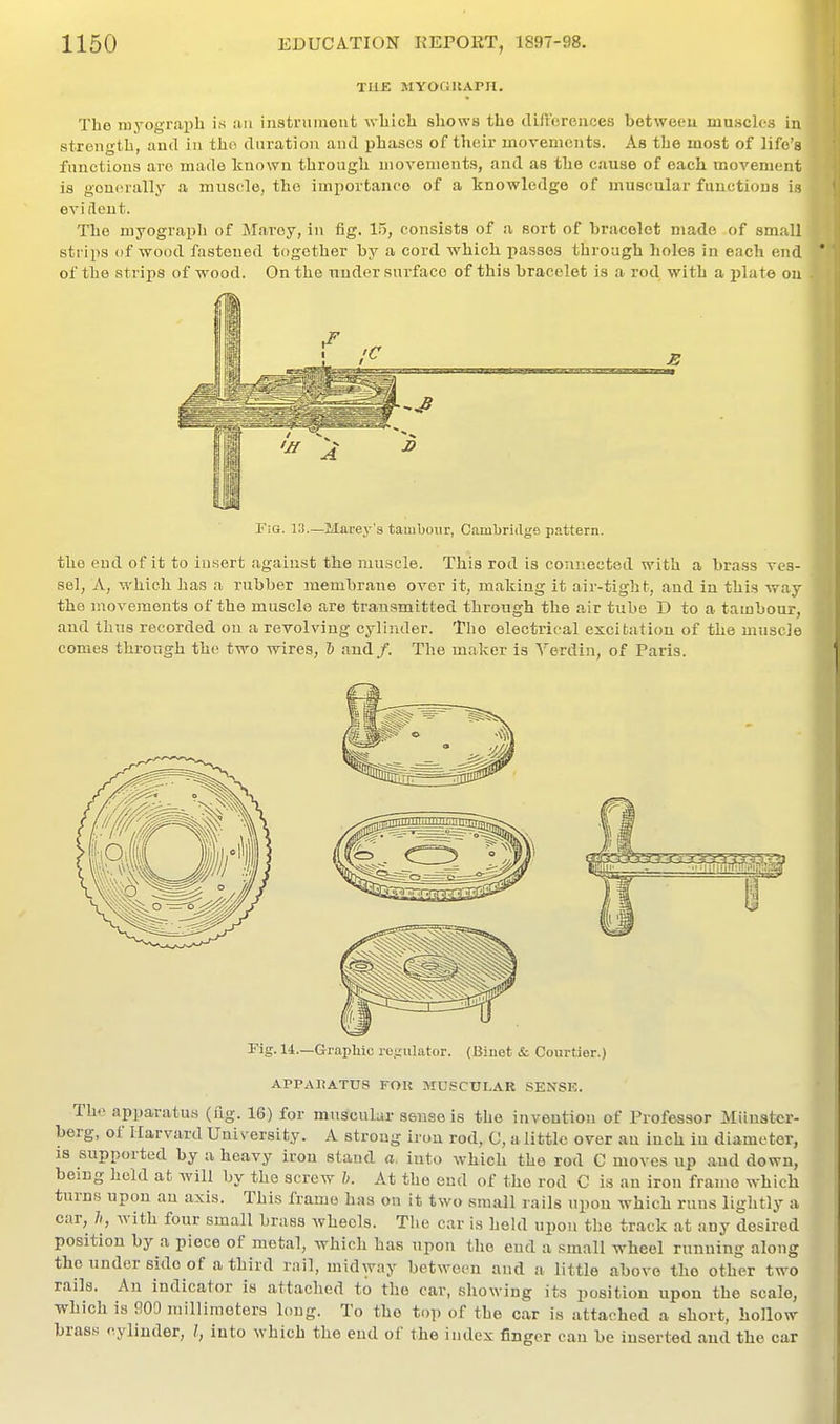 THE MYOGRAPH. The myogr.aph i.s an instrument which shows the differences between muscles in strength, and in the dni'ation and phases of their movements. As the most of life's functions are. made known through movements, and as the cause of each movement is generally a muscle, the importance of a knowledge of muscular functions is eviflent. The myograph of Marey, in fig. 15, consists of a sort of bracelet made of small strips (if wood fastened together by a cord which passes through holes in each end of the strips of wood. On the under surface of this bracelet is a rod with a jilate on F FiG. 13.—Marey's tambour, Cambridge pattern. the end of it to insert against the muscle. This rod is connected with a brass ves- sel, A, which has a rubber membrane over it, making it air-tight, and in this way the movements of the muscle are transmitted through the air tube D to a tambour, and thus recorded on a revolving cylinder. The electrical excitation of the muscle comes through the two wires, 6 and/. The maker is Yerdin, of Paris. Fig. 14.—Graphic rc.^'ulator. (Binet & Courtier.) APPARATUS FOR MUSCULAR SENSE. The apparatus (fig. 16) for muscular sense is the invention of Professor Miinster- berg, of Harvard University. A stroug iron rod, 0, a little over an inch in diameter, 18 supported by a heavy iron stand a. into which the rod C moves up and down, being held at will by the screw h. At the end of the rod C is an iron frame which turns upon an axis. This frame has on it two small rails upon which runs lightly a car, li, with four small brass wheels. Tlie car is held upon the track at any desired position by a piece of metal, which has upon the end a small wheel running along the under side of a third rail, midway between and a little above the other two rails. An indicator is attached to the car, showing its position upon the scale, which is 909 millimeters long. To the top of the car is attached a short, hollow brass cylinder, /, into which the end of the index finger can be inserted and the car
