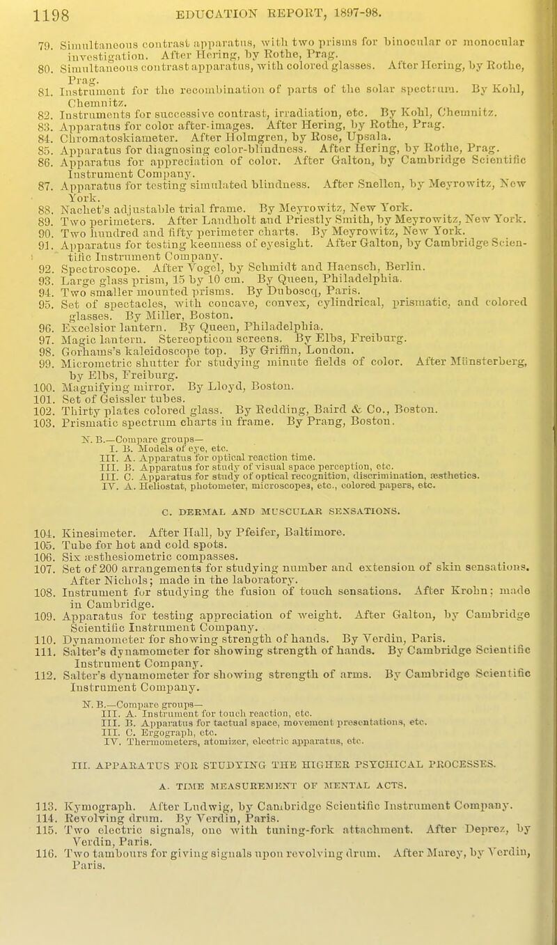 79. Siiuultanoons contrast, apparatus, witli two prisms for biuocular or monocular invostigatiou. After Hcnng, Tiy Rothe, Trag. 80. Siiunltaueoiis contrast apparatus, with colored glasses. After Heriiig, Ijy Rotlie, Pra. 81. Instrument for the recombination of parts of the solar specti ura. By Kohl, Chemnitz. 82. Instruments for successive contrast, irradiation, etc. By Kohl, Chemnitz. 83. Apparatus for color after-images. After Hering, by Rothe, Prag. 84. Chromatoskiaraeter. After Holmgren, by Rose, Upsala. 85. Apparatus for diagnosing color-blindness. After Hering, by Rothe, Prag. 86. Apparatus for appreciation of color. After Galton, by Cambridge Scientific Instrument Company. 87. Apparatus for testing simulated blindness. After Snellen, by Meyrowitz, New York. 88. Nachet's adjustable trial frame. By Meyrowitz, New York. 89. Two perimeters. After Laudholt and Priestly Smith, by Meyrowitz, New York. 90. Two hundred and fifty perimeter charts. By Meyrowitz, New York. 91. Apparatus for testing keenness of eyesight. After Galton, by Cambridge Scien- tific Instrument Company. 92. Spectroscope. After Vogol, by Schmidt and Haensch, Berlin. 93. Largo glass prism, 15 by 10 cm. By Queen, Philadelphia. 94. Two smaller mounted prisms. By Duboscq, Paris. 95. Set of spectacles, with concave, convex, cylindrical, prismatic, and colored glasses. By Miller, Boston. 96. Excelsior lantern. By Queen, Philadelphia. 97. Magic lantern. Stereopticou screens. By Elbs, Freiburg. 98. Gorhams's kaleidoscope top. By Griffin, London. 99. Microraetric shutter for studying minute fields of color. After Miinsterberg, by Elbs, Freiburg. 100. Magnifying mirror. By Lloyd, Boston. 101. Set of Geissler tubes. 102. Thirty plates colored glass. By Redding, Baird & Co., Boston. 103. Prismatic spectrum charts in frame. By Prang, Boston. If. B.—Comp.iro groups— I. B. Models of eye, etc. III. A. Aiiparatus for optical reaction time. III. B. Apparatus for study of visual space perception, etc. III. C. Apparatus for study of optical recognition, discrimination, festhetics. IV. A. Heliostat, photometer, niicrosoopea, etc., colored papers, etc. C. DERMAL AND MUSCULAR SENSATIONS. 104. Kinesimeter. After Hall, by Pfeifer, Baltimore. 105. Tube for hot and cold spots. 106. Six iEsthesiometric compasses. 107. Set of 200 arrangements for studying number and extension of skin sensations. After Nichols; made in the laboratory. 108. Instrument fur studying the fusion of touch sensations. After Krohn: made in Cambridge. 109. Apparatus for testing appreciation of weight. After Galton, by Cambridge Scientilic Instrument Company. 110. Dynamometer for showing strength of hands. By Yerdin, Paris. 111. Salter's dynamometer for showing strength of hands. By Cambridge Scientific Instrument Company. 112. Salter's dynamometer for showing strength of arms. By Cambridge Scientific Instrument Company. E. B.—Compare groups- Ill. A. Instrument for touch reaction, etc. III. B. Apparatus for tactual space, movemont presentation.'*, etc. III. C. Ergogr.iph, etc. IV. Thermometers, atomizer, electric apparatus, etc. III. APPAKATUS FOR STUDTIIfG THE HIGHER PSYCHICAL PROCESSES. A. TIME MEASUREMICNT OF iMENTAL ACTS. 113. Kymograph. After Ludwig, by Cambridge Scientific Instrument Company. 114. Revolving drum. By Verdin, Paris. 115. Two electric signals, one with tuning-fork attachment. After Deprez, by Verdin, Paris. 116. Two tambours for giving signals upon revolving drum. After Marey, by Verdin, Paris.