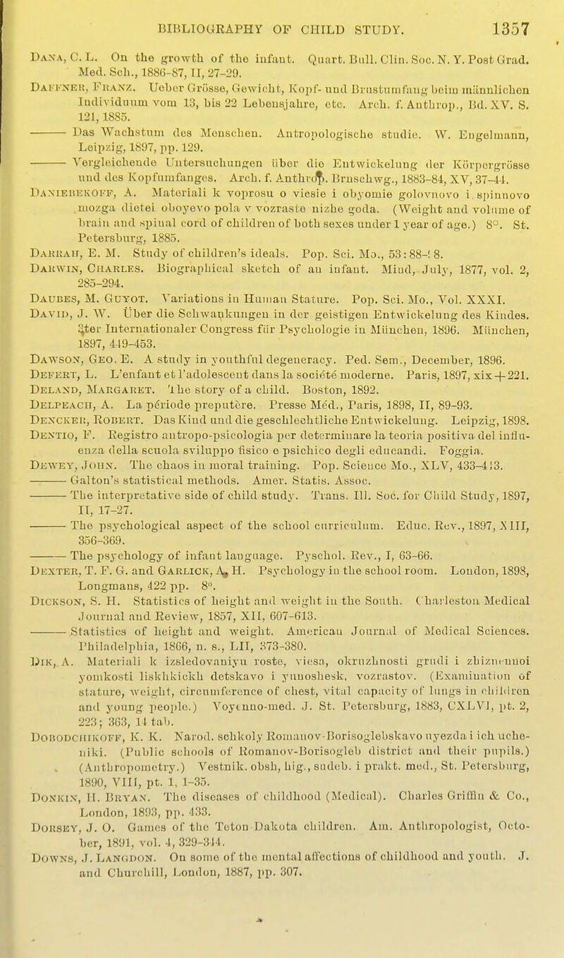 Dana, C.L. On the growth of the iufaut. Quart. Bull. Clin. Soc. N. Y. Post Grad. Med. Sch., 188(3-87, II, 27-29. Dai-I'NEH, FiiANZ. Ueber Grfisse, Gewicht, Kopl- und Brustumfuiiy beiiu mauulichcn ludividuum votu 13, bia 22 Lebeusjahre, etc. Arch. f. Autbrop., Bd. XV. S. 121,1SS5. Das Wachatnm des Monscheu. Autropologische studie. W. Eugelmann, Leipzig, 1897, pp. 129. Vergleiohende Uutersnchungen iiber die Eiitwickelung der Korpcrgrcisse uud des Kopriimfangcs. Arcb. f. Anthrof). Bruscbwg., 1883-84, XV, 37-11. Dameuekovf, a. Matoriali k voprosu o viesie i obyomie golovnovo i.Hpinnovo niozga diotei oboyevo pola v vozraste nizhe goda. (Weight aud volume of brain and .spinal cord of children of both sexes under 1 year of age.) 8°. St. Petersburg, 1885. DAHKAir, E. M. Study of children's ideals. Pop. Sci. Mo., 53:88-! 8. Dakwin, Charles. Biographical sketch of an infant. Mind, July, 1877, vol. 2, 285-294. Daubes, M. Guyot. Variations in Human Stature. Pop. Sci. Mo., Vol. XXXI. David, J. W. liber die Schwai;ikungeu in dcr geistigen Entwickelung des Kindes. ;^ter luternationaler Congress fiir Psyohologie iu Miiucheu, 1896. Miiuchen, 1897, 419-453. Dawson, Geo. E. A study in youthful degeneracy. Ped. Sem., December, 1896. Defert, L. L'enfaut et Tadolesceut dans la sociote nioderne. Paris, 1897, xix-|-221. DELA^'D, Margaret, 'l he story of a child. Boston, 1892. Delpeacii, a. La p(?riode preputere. Presse Med., Paris, 1898, II, 89-93. Dexckei;, Robert. Das Kind uud die geschlechtliche Entwickelung. Leipzig, 1898. De>.'TIO, F. Registro autropo-psicologia per determinare la tcoria positiva del inlla- enza della scuola sviluppo fisico e psicbico degli educandi. Foggia. Dewey, Joux. The chaos in moral training. Pop. Science Mo., XLV, 433-413. Galton's statistical methods. Araer. Statis. Assoc. The interpretative side of child study. Trans. 111. Soc. for Child Study, 1897, II, 17-27. The psychological aspect of the school curriculum. Educ. Rev., 1897, XIII, 356-369. The psychology of infant lauguage. Pyschol. Rev., I, 63-66. Dexter, T. F. G. and Garlick, H. Psychology iu the school room. London, 1898, Longmans, 422 pp. 8. Dickson, S. H. Statistics of height and weight iu the South. ( harleston Medical Journal and Review, 1857, XII, 607-613. Statistics of height and weight. Amcricau Journal of Medical Sciences. Philadelphia, 1866, n. s., LII, 373-380. DiK, A. Materiali k izsledovaniyu roste, vies.n, okruzhnosti grudi i zbizm nuoi yomkosti liskhkickh detskavo i yuuosliesk, vozrastov. (Exaniiuation of stature, weight, circuuiferonce of chest, vital capacity of lungs in children and young people.) Voytnno-med. J. St. Petersburg, 1883, CXLVI, pt. 2, 223; 36.3, 14 tab. DonoDC'iiiKOFF, K. K. Narod. schkoly Romanov-Borisoglebskavo uyezdai ich uche- niki. (Public schools of Romanov-Borisogleb district and their pupils.) (.\uthropouictry.) Vestnik. obsh, big., sudeb. i prakt. med., St. Petersburg, 1890, Vllf, pt. 1, 1-35. DoNKix, H. Bryan. The diseases of childhood (Medical). Charles GrifiSn & Co., London, 1893, pp. 433. DoRSEY, J. O. Games of tlie Teton Dakota children. Am. Anthropologist, Octo- ber, 1891, vol. 4, 329-344. Downs, J. Langdon. On some of the mental aifections of childhood and youth. J. and Churchill, London, 1887, pp. 307.