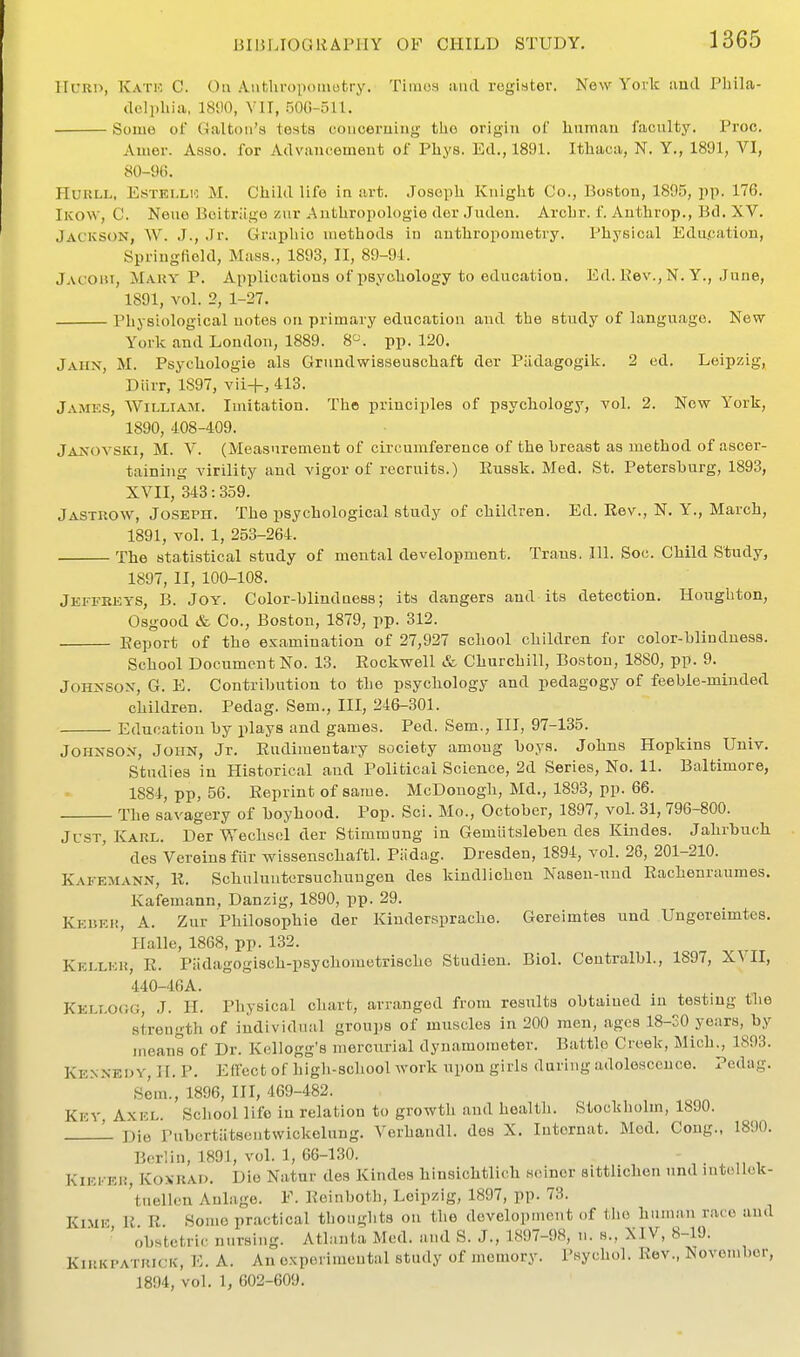 HcKo, Katk C. On Aiitliropomotry. Tiiuoa ami register. New York and Phila- clclphia, 1890, VII, 50G-oU. Some of Galton's tests couceruing the origin ol' human faculty. Proo, Auier. Asso. for Advancement of Phys. Ed., 1891. Ithaca, N. Y., 1891, VI, 80-96. HuRLL, EsTELLK M. Child life in art. Joseph Kuight Co., Boston, 1895, pp. 176. Iicow, C. Neue Boitriige zur Anthropologie der Juden. Archr. f. Anthrop., Bd. XV. Jackson, W. J., Jr. Graphic methods in anthropometry. Physical Edujcation, Springfield, Mass., 1893, II, 89-94.. Jacoiu, Mary p. Applications of psyehology to education. Ed. Kev., N. Y., June, 1891, vol. 2, 1-27. Physiological notes on primary education and the study of language. New York and London, 1889. H^. pp. 120. Jahn, M. Psychologie als Grundwisseuschaft der Padagogik. 2 ed. Leipzig, Diirr, 1S97, vii+, 413. James, William. Imitation. The principles of psychology, vol. 2. New York, 1890, 408-409. Janovski, M. V. (Measurement of circumference of the hreast as method of ascer- taining virility and vigor of recruits.) Eussk. Med. St. Petershurg, 1893, XVII, 343:359. Jastkow, Joseph. The psychological study of children. Ed. Rev., N. Y., March, 1891, vol. 1, 253-264. The statistical study of mental development. Trans. 111. Soc. Child Study, 1897, II, 100-108. Jeffreys, B. Joy. Color-hlindness; its dangers and its detection. Honghton, Osgood & Co., Boston, 1879, pp. 312. Eeport of the examination of 27,927 scliool children for color-blindness. School Document No. 13. Rockwell & Churchill, Boston, 1880, pp. 9. JOHXSox, G. E. Contribution to the psychology and pedagogy of feeble-minded children. Pedag. Sem., Ill, 246-301. Education by plays and games. Ped. Sem., Ill, 97-135. JoHXSOX, John, Jr. Rudimentary society among boys. Johns Hopkins Univ. Studies in Historical and Political Science, 2d Series, No. 11. Baltimore, 1884, pp, 56. Reprint of same. McDonogh, Md., 1893, pp. 66. The savagery of boyhood. Pop. Sci. Mo., October, 1897, vol. 31, 796-800. Just, Karl. Der Wechsel der Stimmung in Gemiitsleben des Kindes. Jahrbuch des Vereins fiir wissenschaftl. Piidag. Dresden, 1894, vol. 26, 201-210. Kafemann, R. Schulnutcrsuchungen des kindlicheu Naseu-und Rachenraumes. Kafemann, Danzig, 1890, pp. 29. Kebeh, a. Zur Philosophie der Kindersprache. Gereimtes und Ungoreimtes. Halle, 1868, pp. 132. Keller, R. Piidagogisch-psychometrischo Studien. Biol. Centralbl., 1897, XVII, 440-46A. Kelloijg, J. H. Physical chart, arranged from results obtained in testing the strength of individual groups of muscles in 200 men, ages 18-30 years, by means of Dr. Kcllogg's mercurial dynamometer. Battle Creek, Mich., 1893. Kennedy, II. P. Effect of high-scliool work upon girls during adolescence. Pedag. Sem., 1896, III, 469-482. Key Axel. School lite in relation to growth and healtli. Stockholm, 1890. ' Die Pubcrtiitsentwickclung. Verhandl. des X. Internat. Med. Cong., 1890. Berlin, 1891, vol. 1, 66-130. - KiF.KER, Koxrad. Die Natur des Kindes hinsichtlich seiner sitthchen und intollek- tuellcn Anlage. F. Reinboth, Leipzig, 1897, pp. 73. KlME R R. Some practical tlioiiglits on tlie development of tiie human race and ' obstetric nursing. Atlanta Med. and S. J., 1897-98, n. s., XIV, 8-19. KiRKi'ATUiCK, E. A. An experimental study of memory. Psychol. Rev., November, 1894, vol. 1, 602-609.